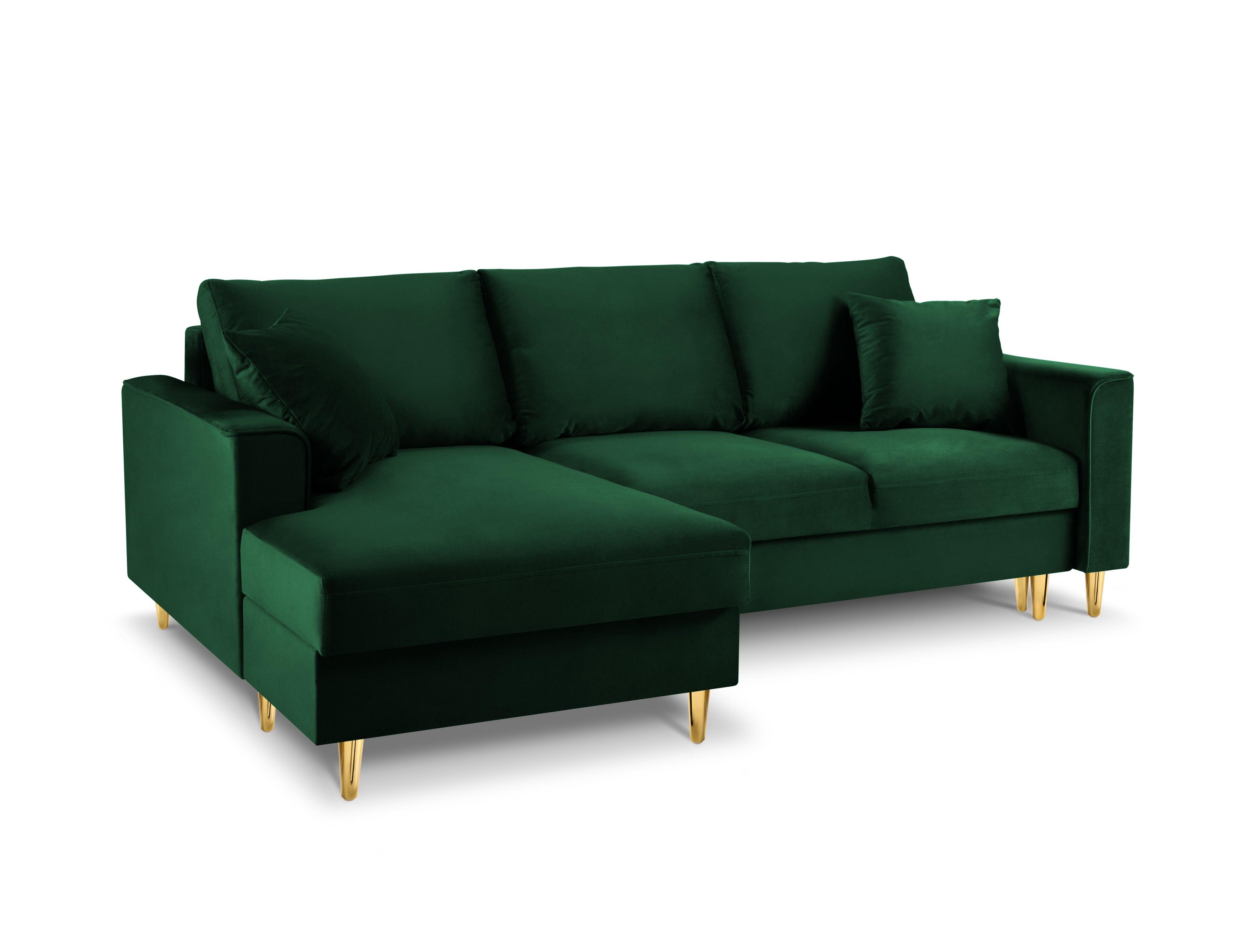 Narożnik lewostronny aksamitny z funkcją spania CARTADERA butelkowa zieleń ze złotą podstawą Mazzini Sofas Eye on Design