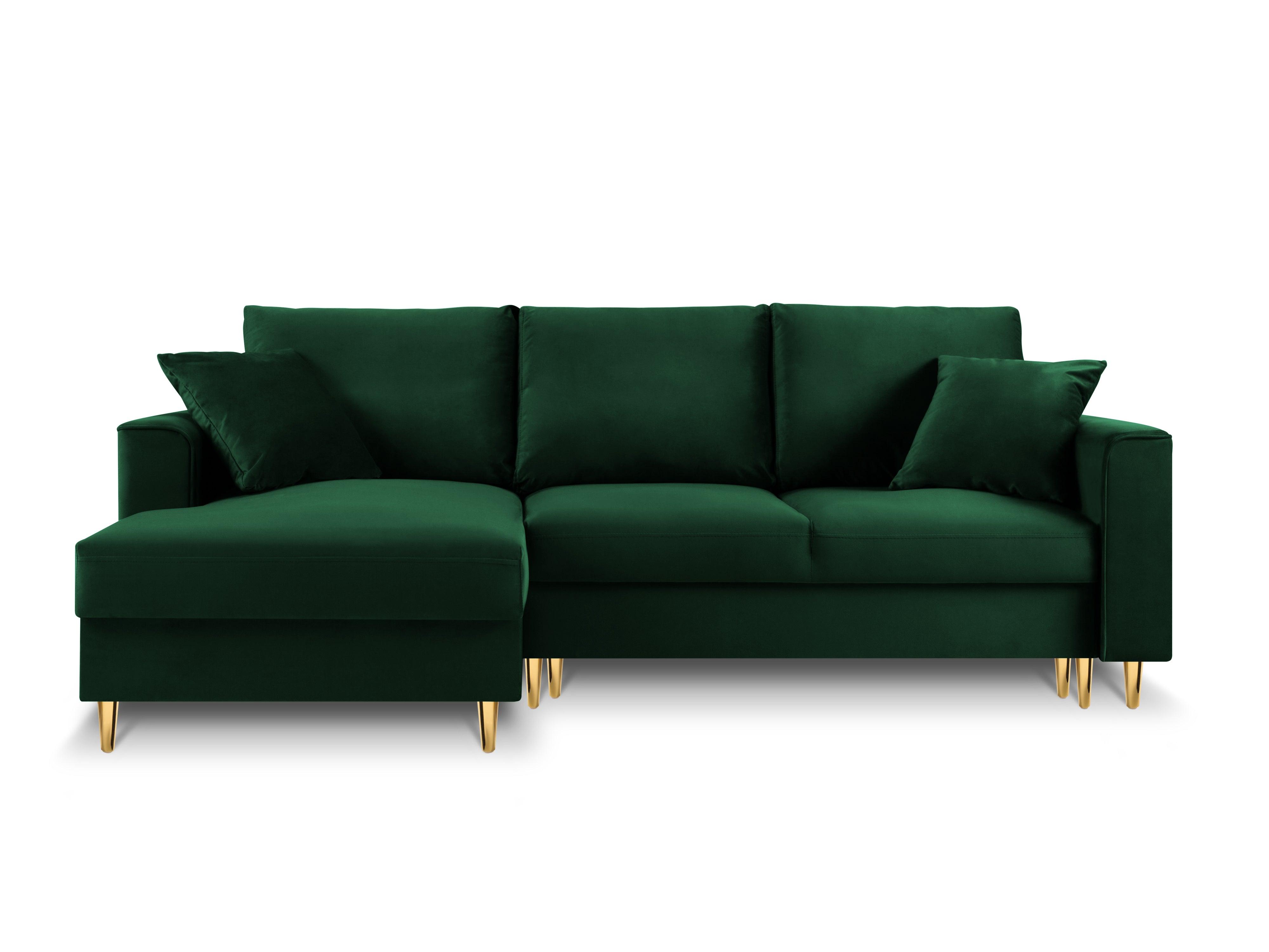 Narożnik lewostronny aksamitny z funkcją spania CARTADERA butelkowa zieleń ze złotą podstawą Mazzini Sofas Eye on Design