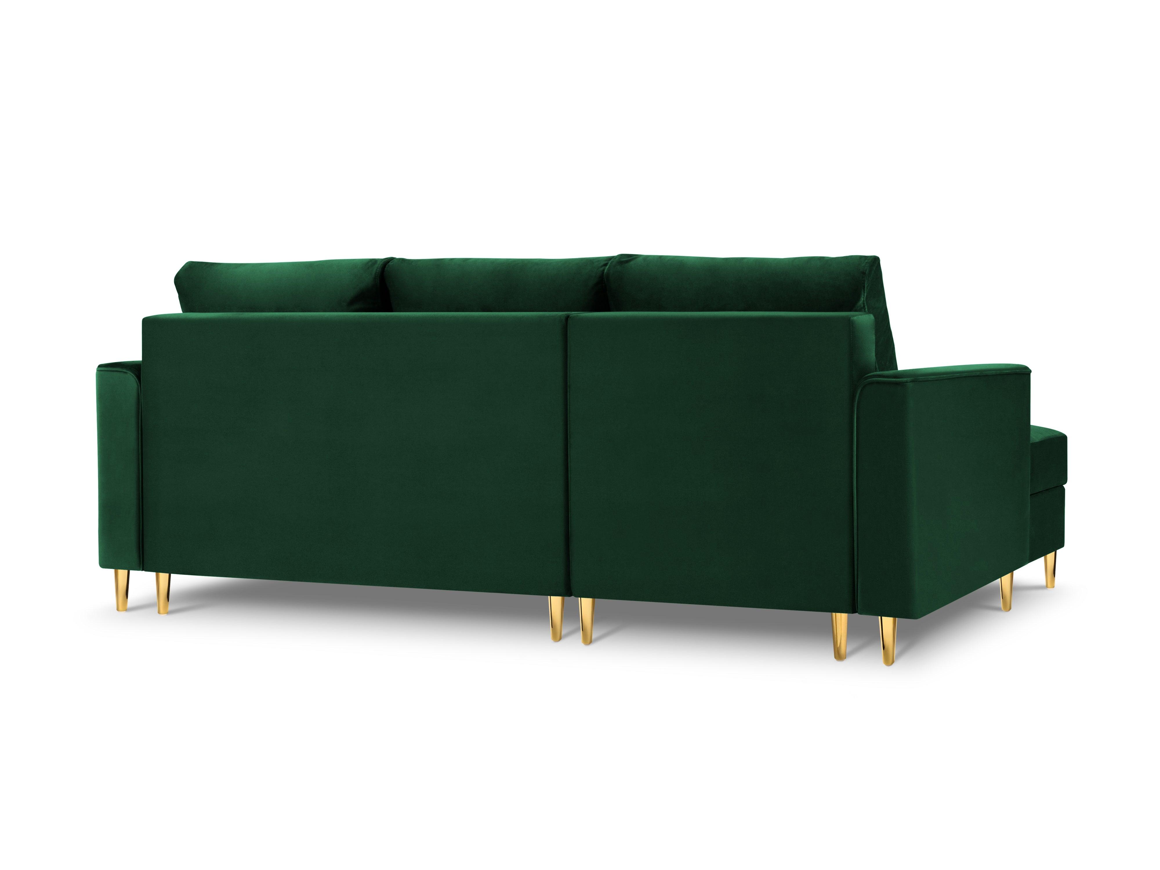 Narożnik lewostronny aksamitny z funkcją spania CARTADERA butelkowa zieleń ze złotą podstawą Mazzini Sofas Eye on Design