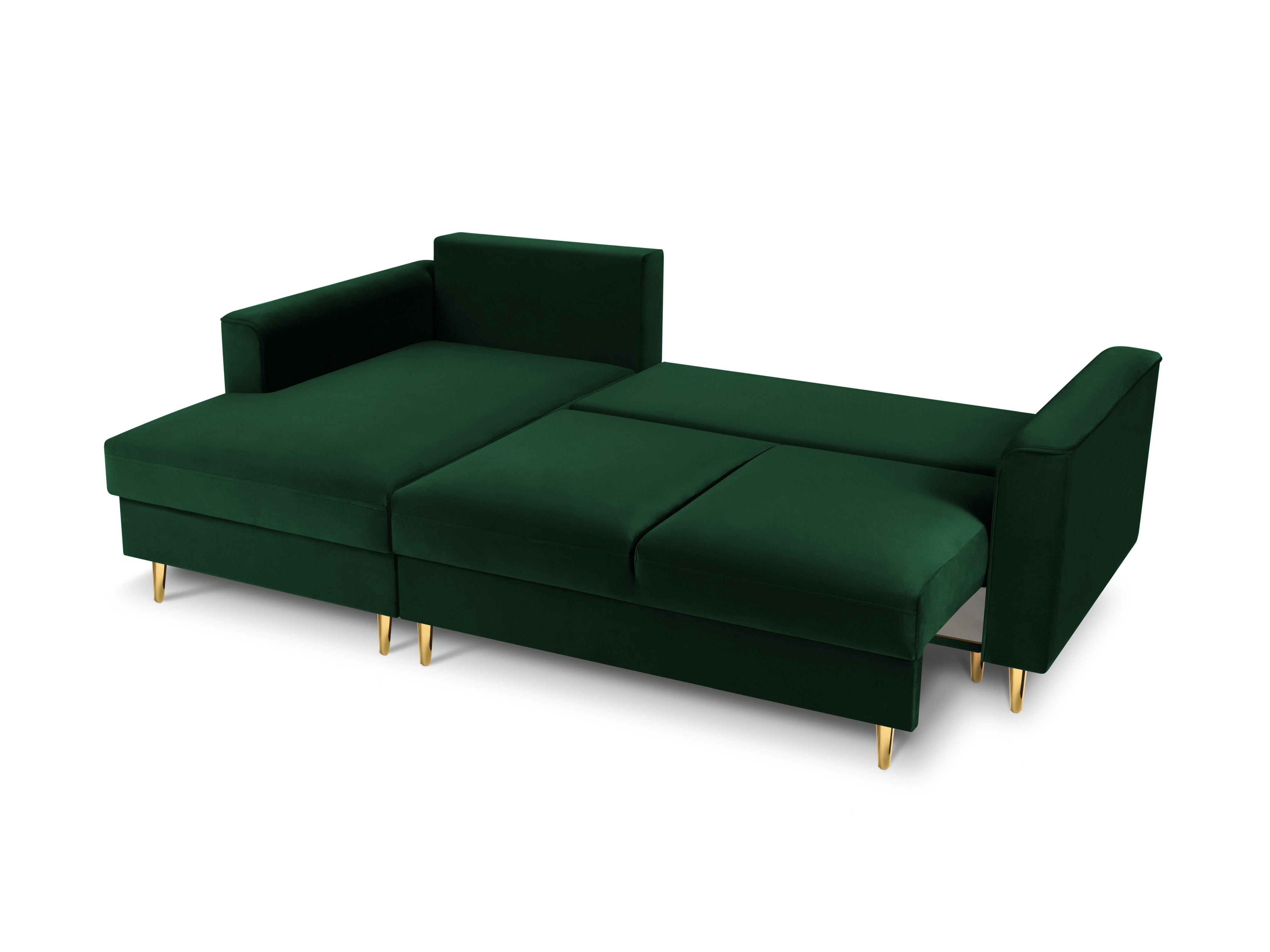 Narożnik lewostronny aksamitny z funkcją spania CARTADERA butelkowa zieleń ze złotą podstawą Mazzini Sofas Eye on Design