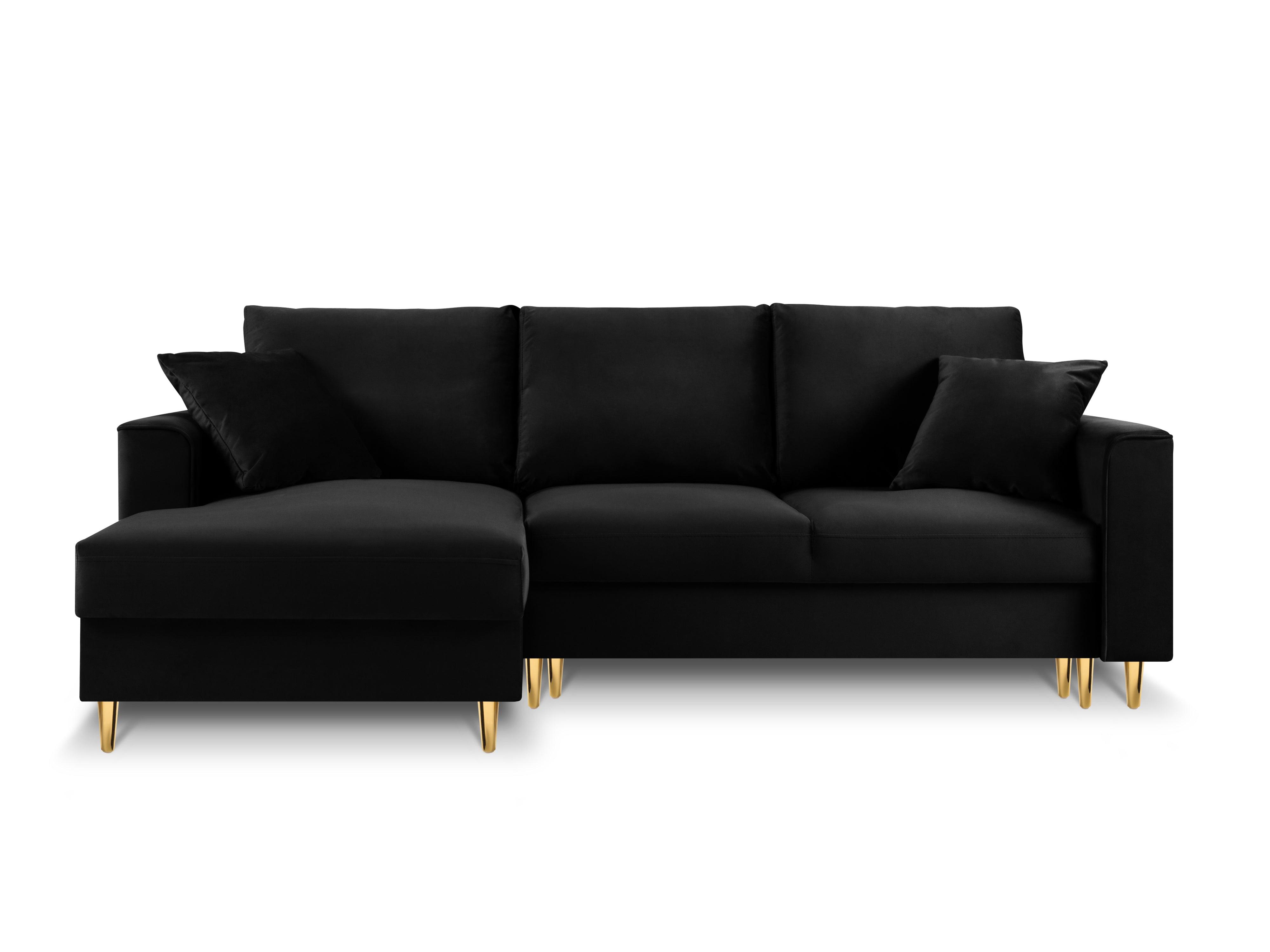 Narożnik lewostronny aksamitny z funkcją spania CARTADERA czarny ze złotą podstawą Mazzini Sofas Eye on Design
