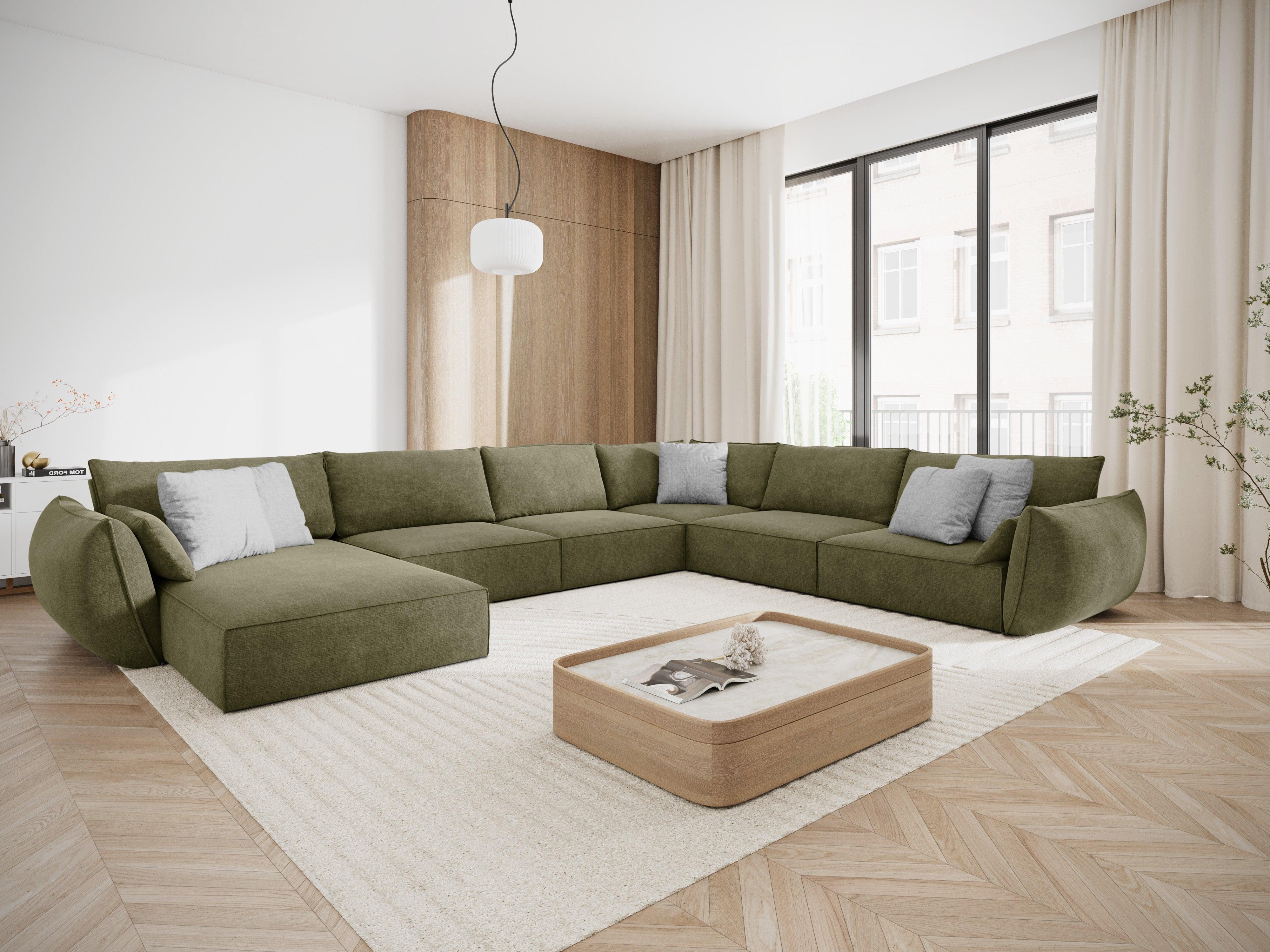 Narożnik panoramiczny w tkaninie szenilowej prawostronny VANDA zielony Mazzini Sofas Eye on Design