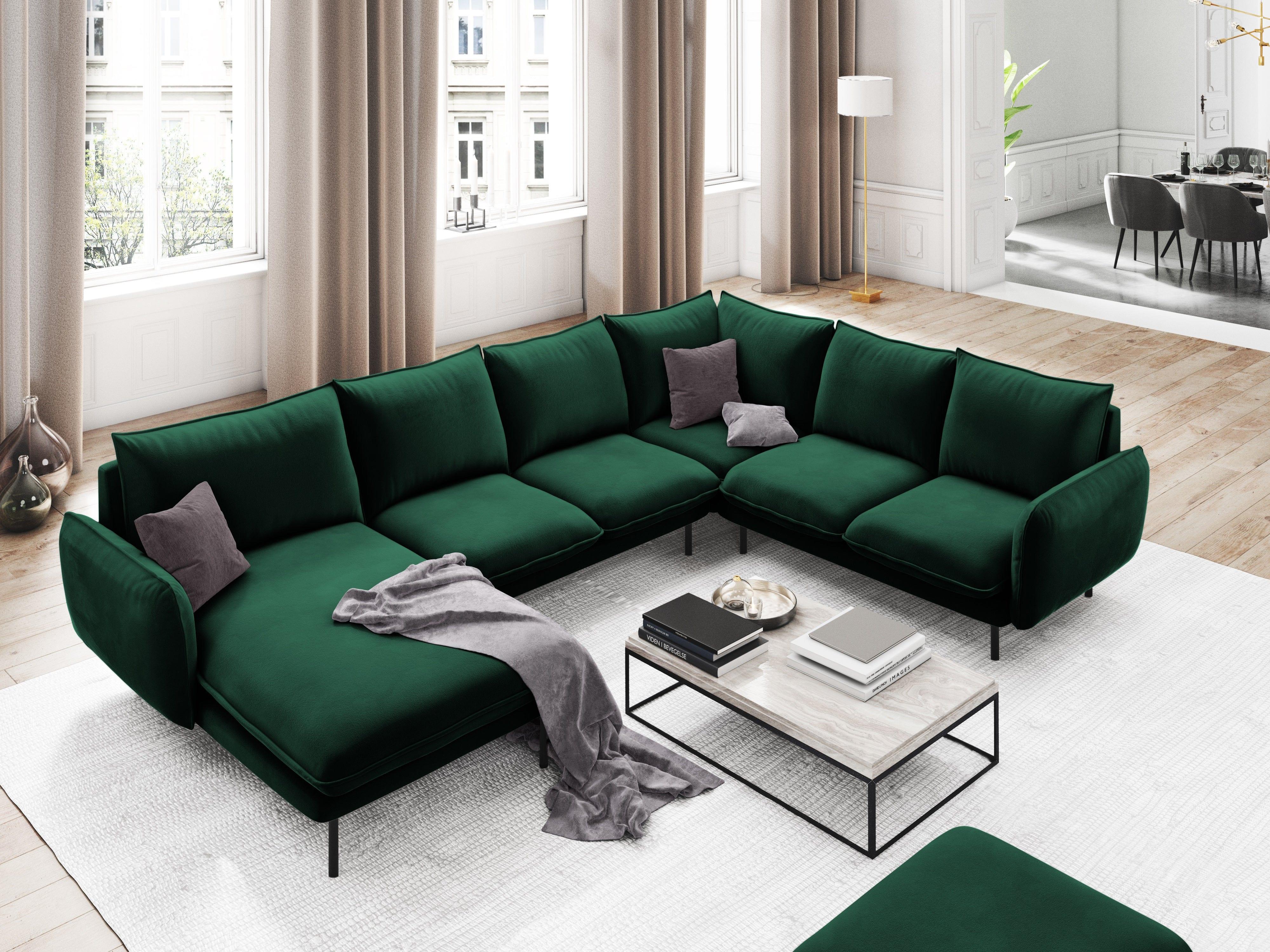 Narożnik prawostronny aksamitny panoramiczny VIENNA zielony z czarną podstawą Cosmopolitan Design Eye on Design