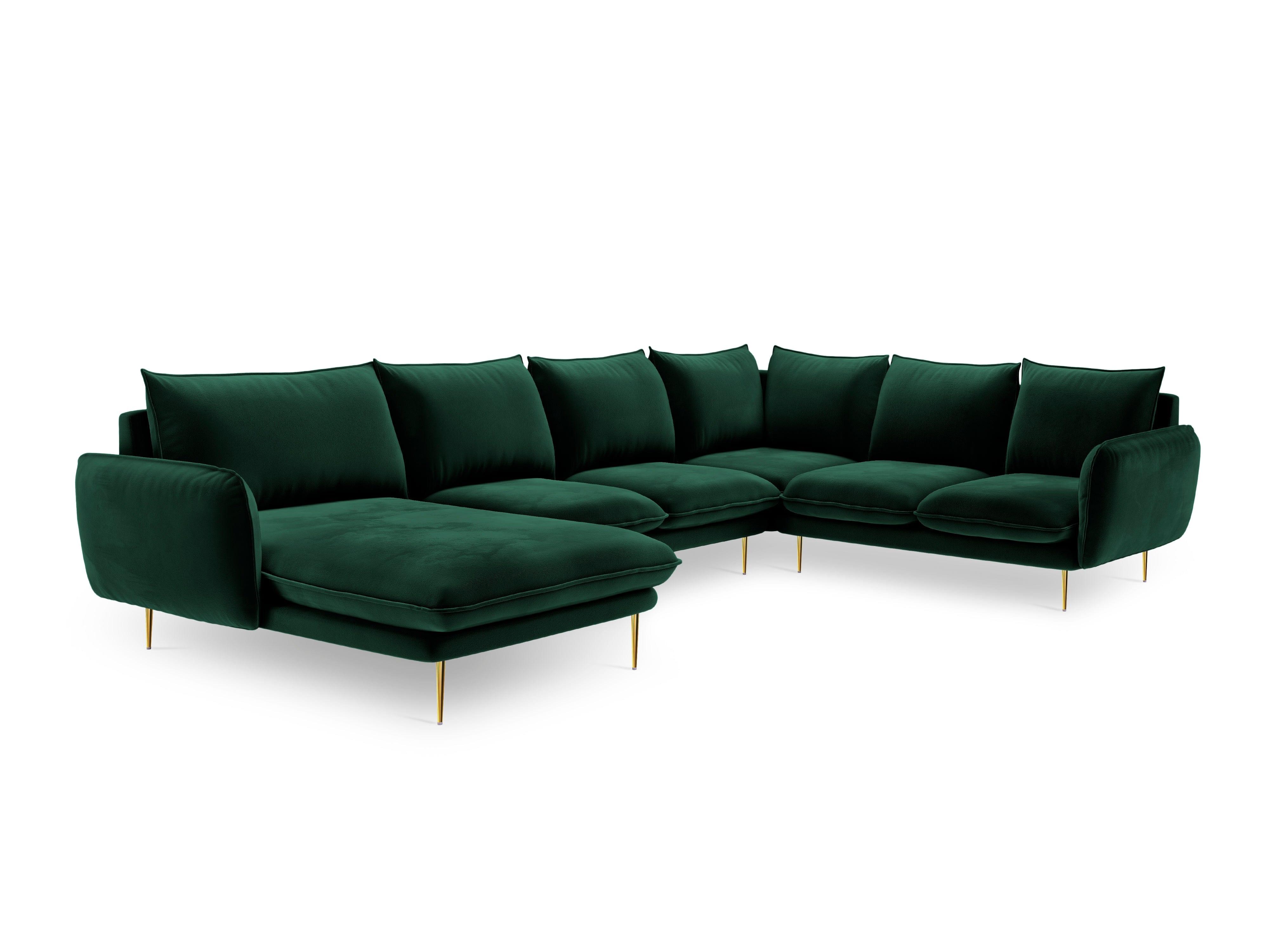 Narożnik prawostronny aksamitny panoramiczny VIENNA zielony ze złotą podstawą Cosmopolitan Design Eye on Design