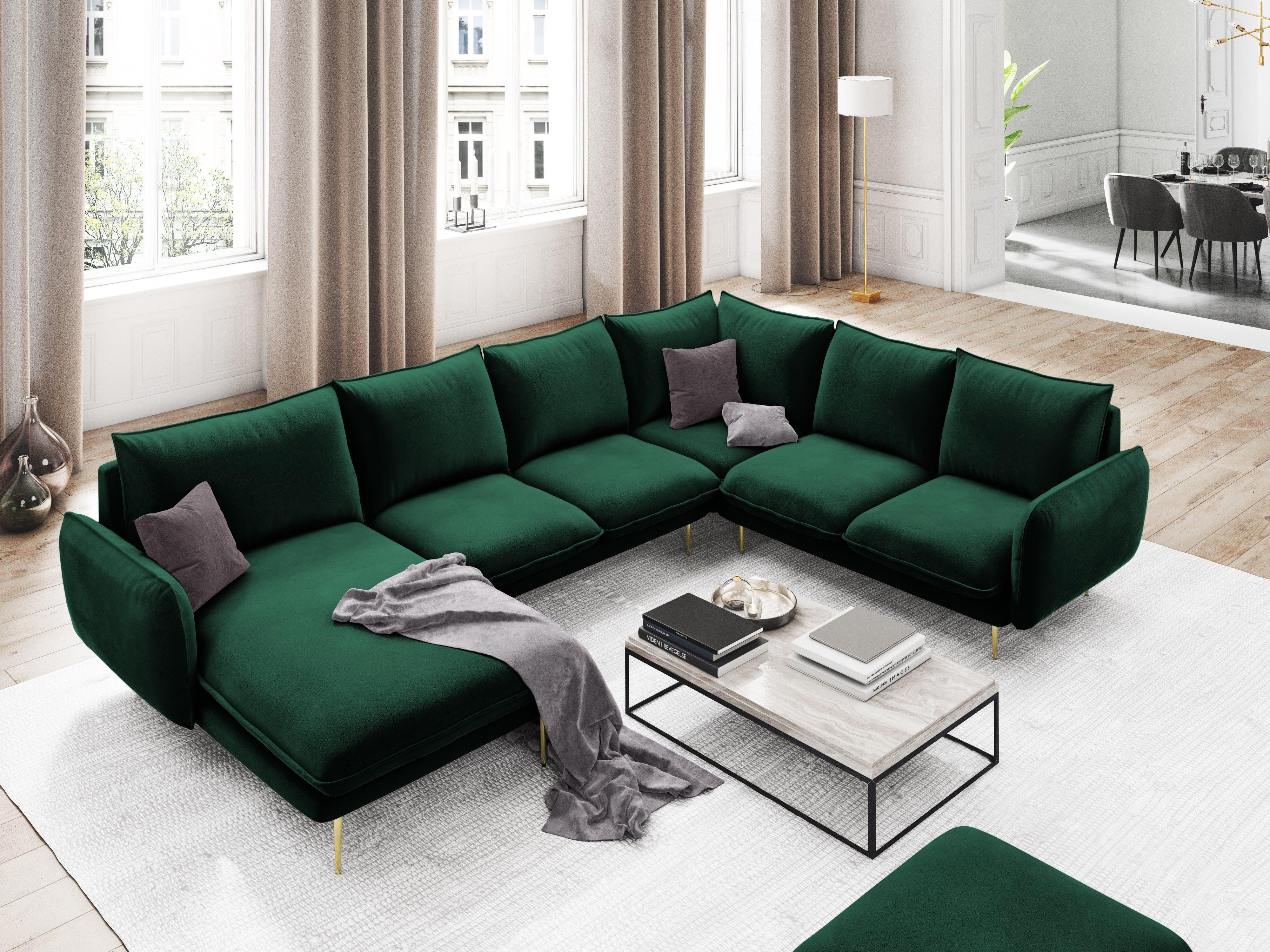 Narożnik prawostronny aksamitny panoramiczny VIENNA zielony ze złotą podstawą Cosmopolitan Design Eye on Design