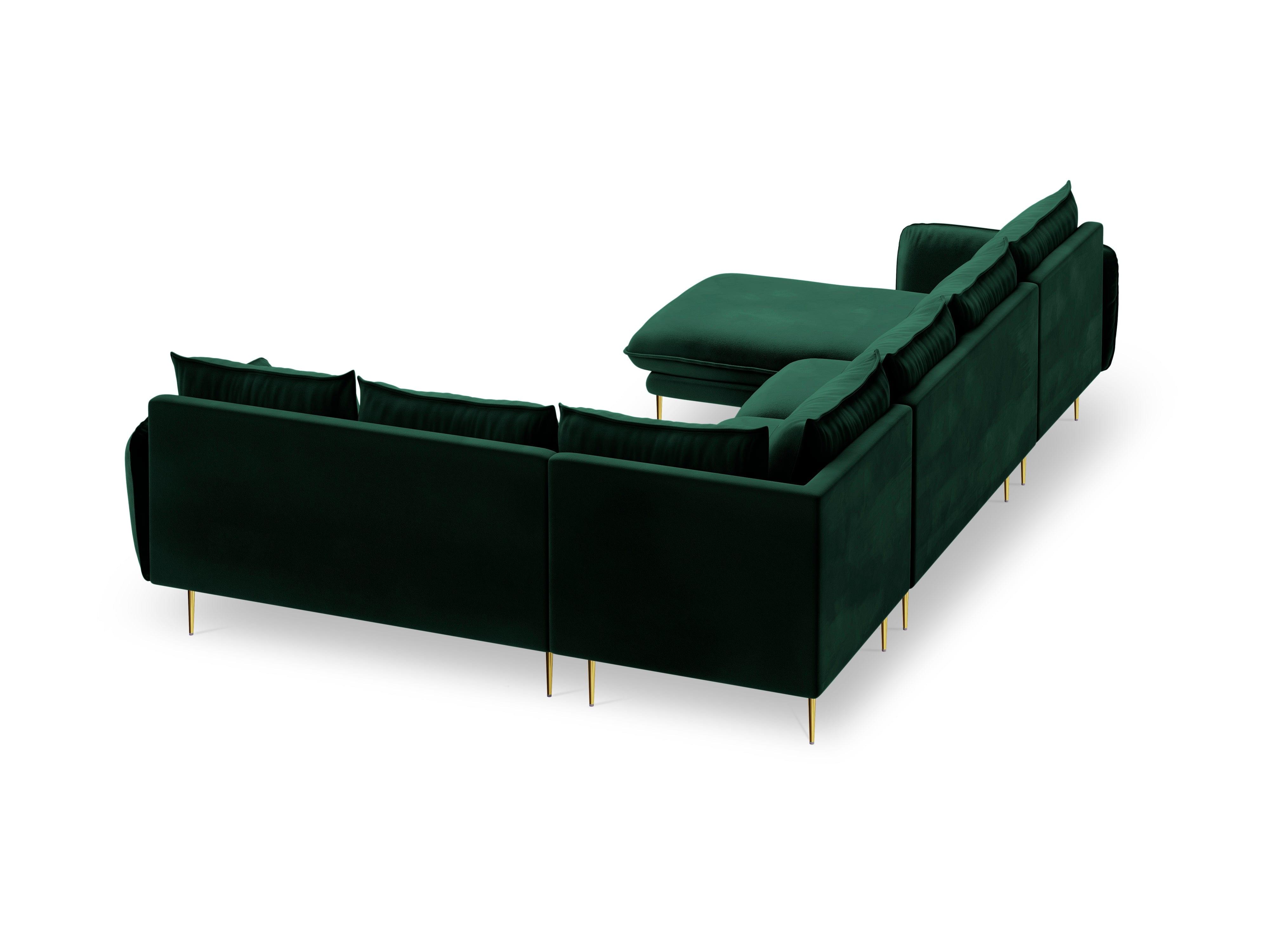 Narożnik prawostronny aksamitny panoramiczny VIENNA zielony ze złotą podstawą Cosmopolitan Design Eye on Design