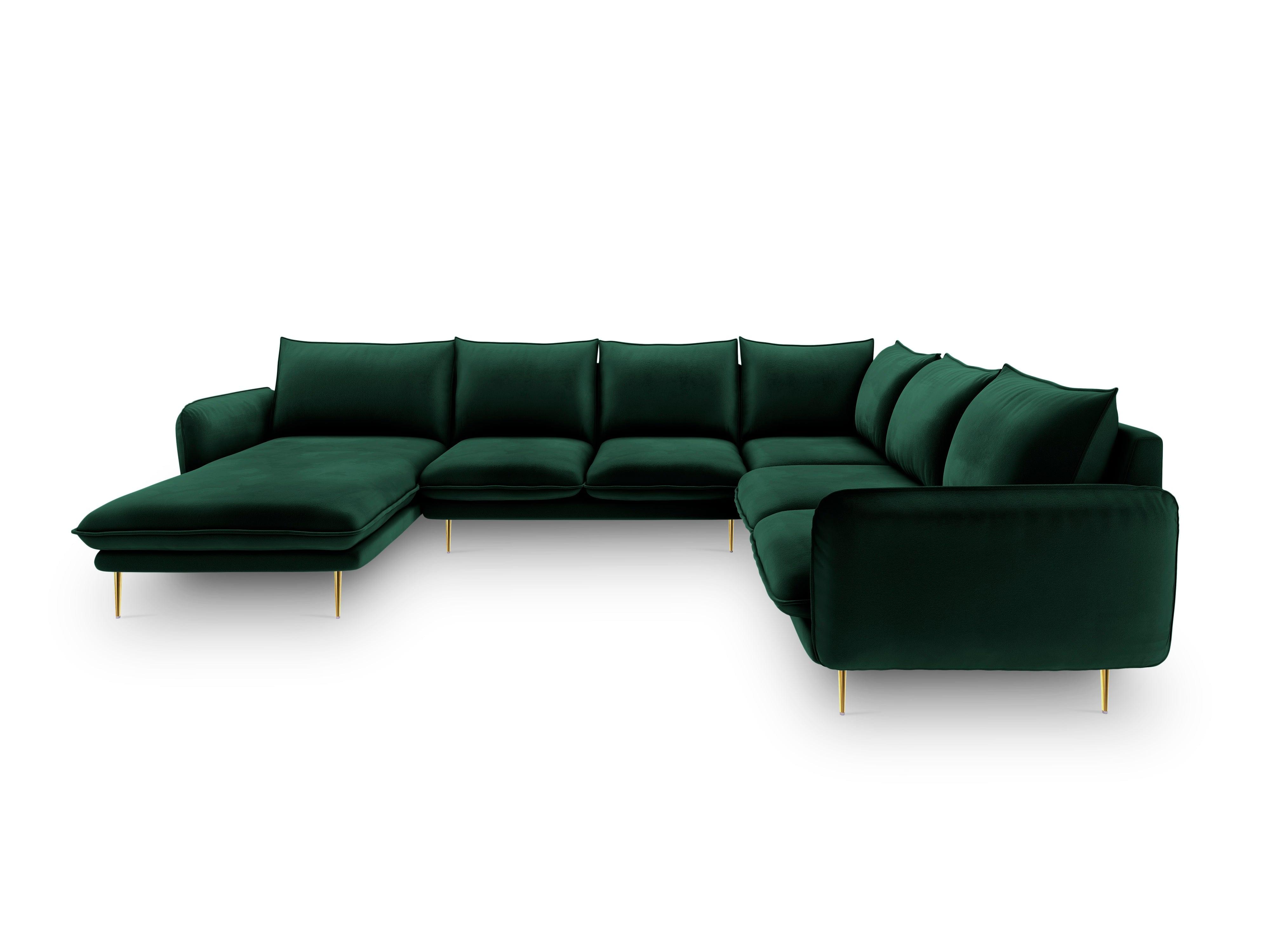 Narożnik prawostronny aksamitny panoramiczny VIENNA zielony ze złotą podstawą Cosmopolitan Design Eye on Design