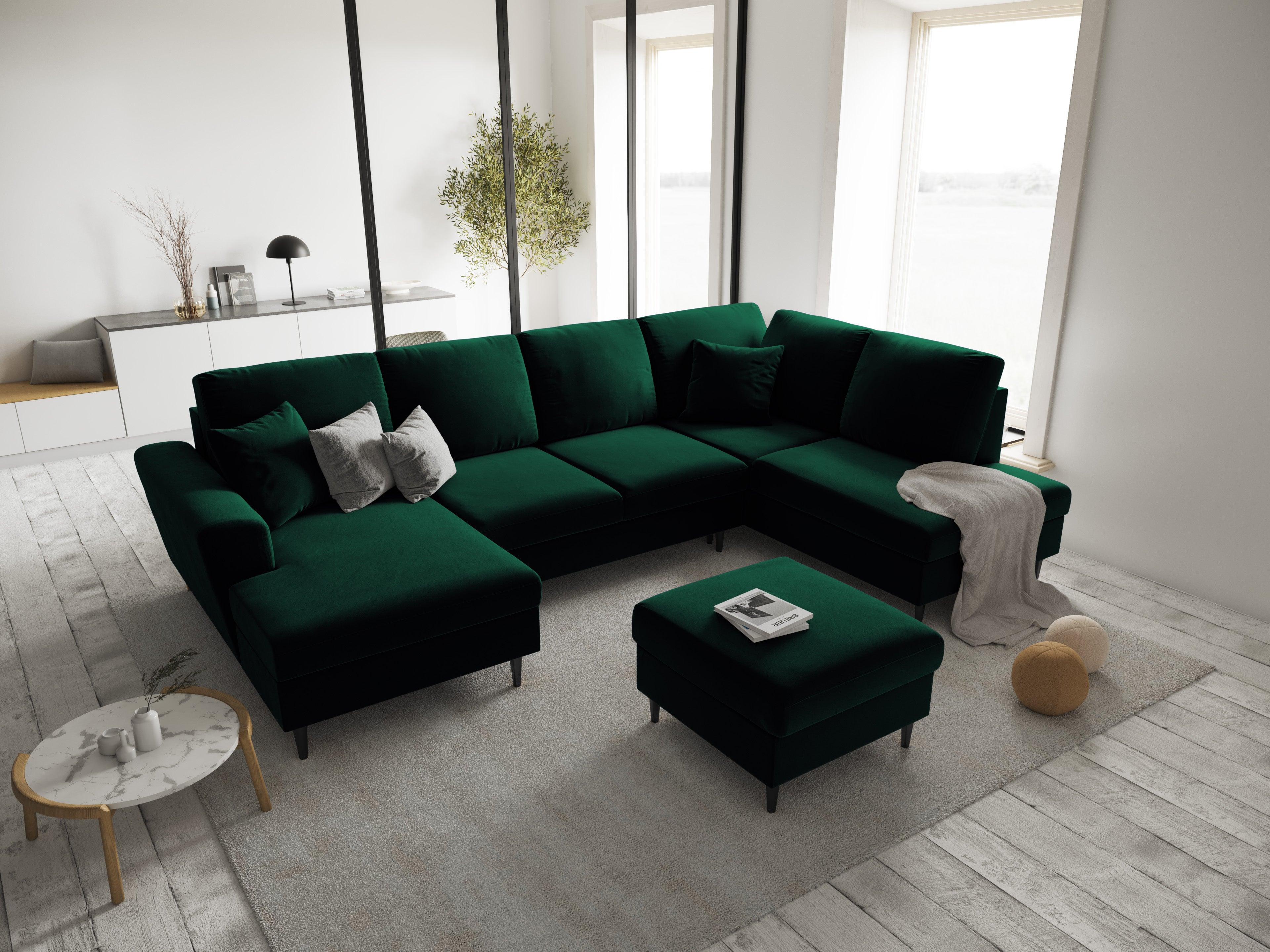 Narożnik prawostronny aksamitny panoramiczny z funkcją spania KYOTO butelkowa zieleń z czarną podstawą Cosmopolitan Design Eye on Design
