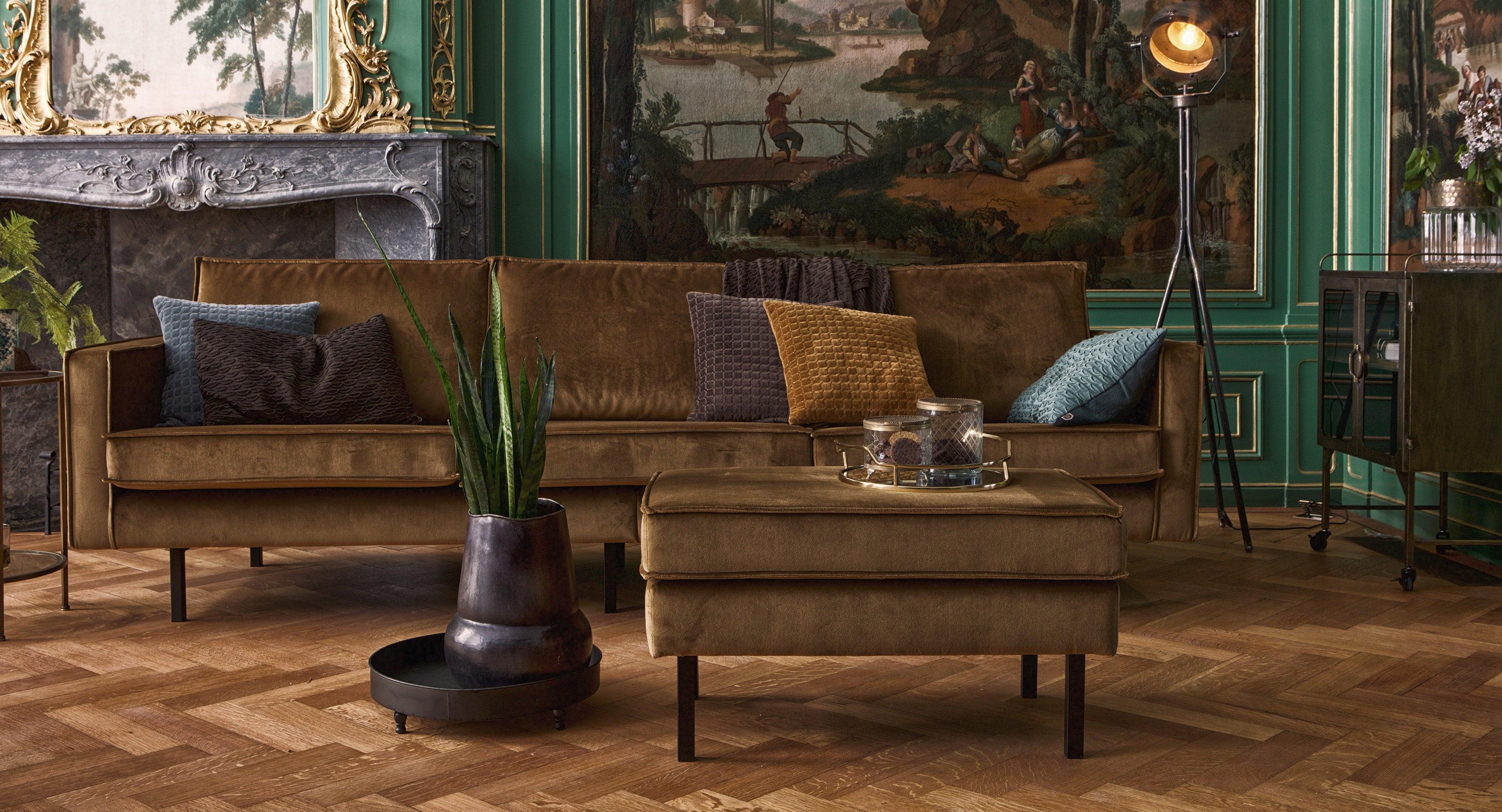 Narożnik prawostronny aksamitny RODEO musztardowy Be Pure Eye on Design