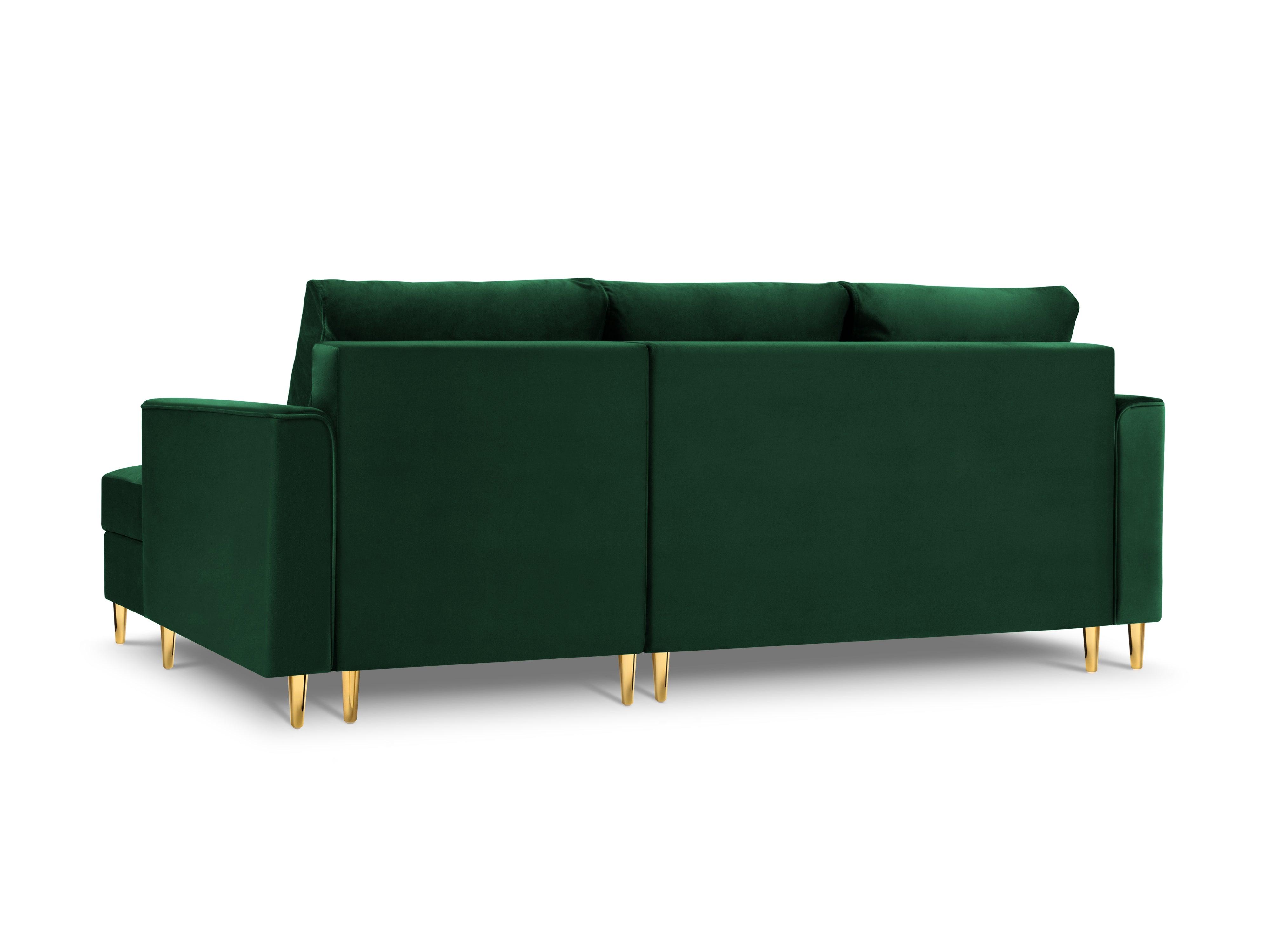 Narożnik prawostronny aksamitny z funkcją spania CARTADERA butelkowa zieleń ze złotą podstawą Mazzini Sofas Eye on Design