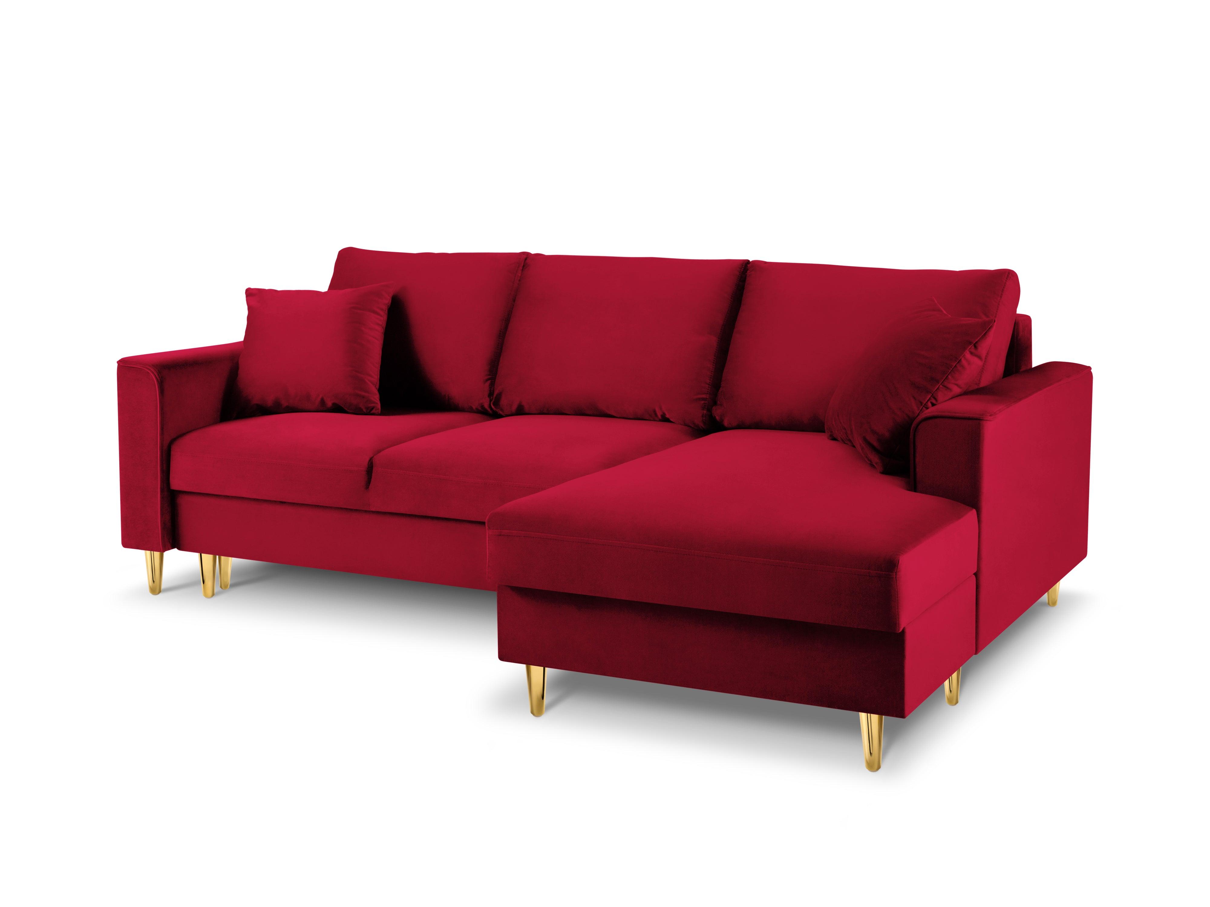 Narożnik prawostronny aksamitny z funkcją spania CARTADERA czerwony ze złotą podstawą Mazzini Sofas Eye on Design