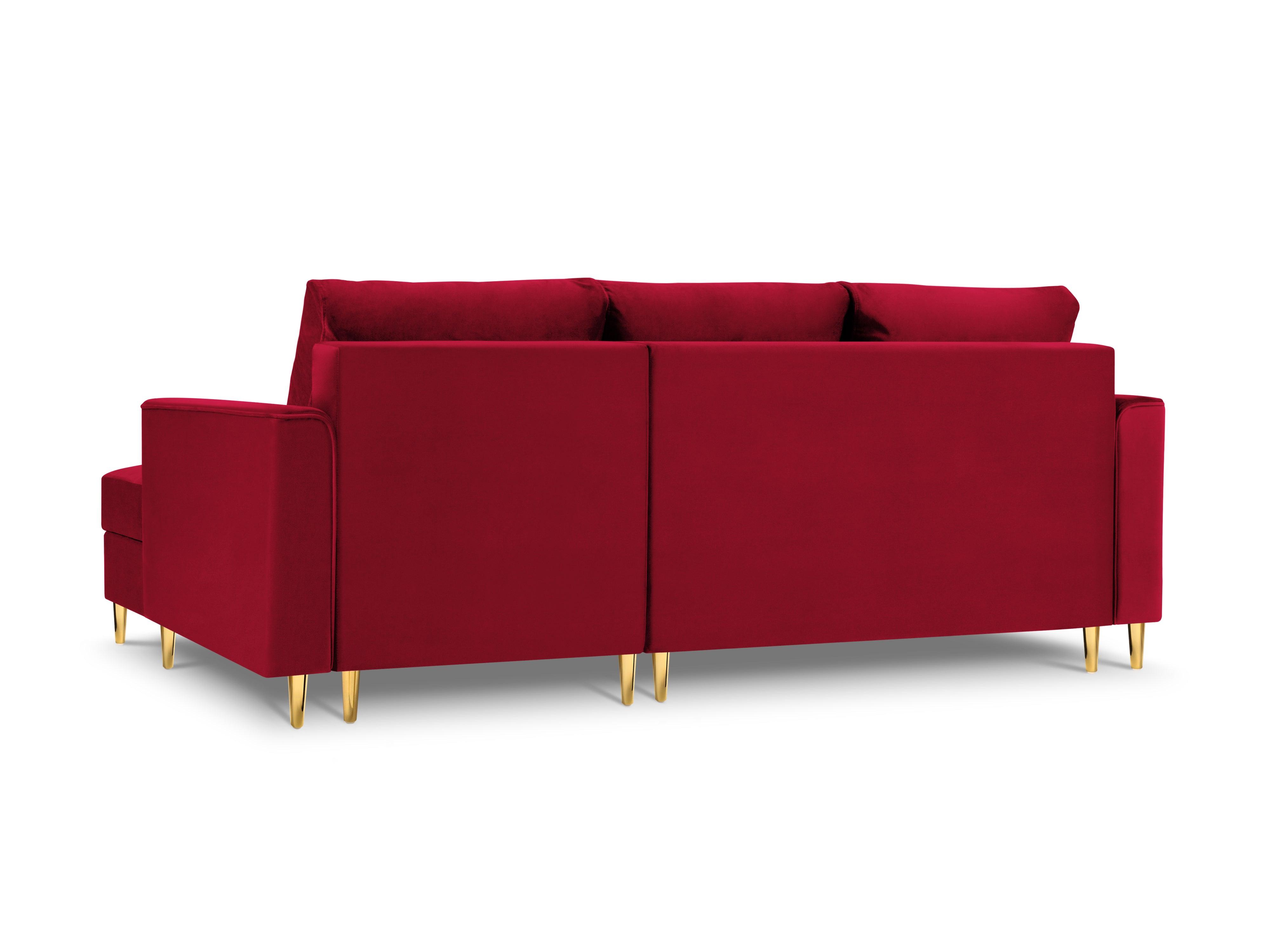 Narożnik prawostronny aksamitny z funkcją spania CARTADERA czerwony ze złotą podstawą Mazzini Sofas Eye on Design