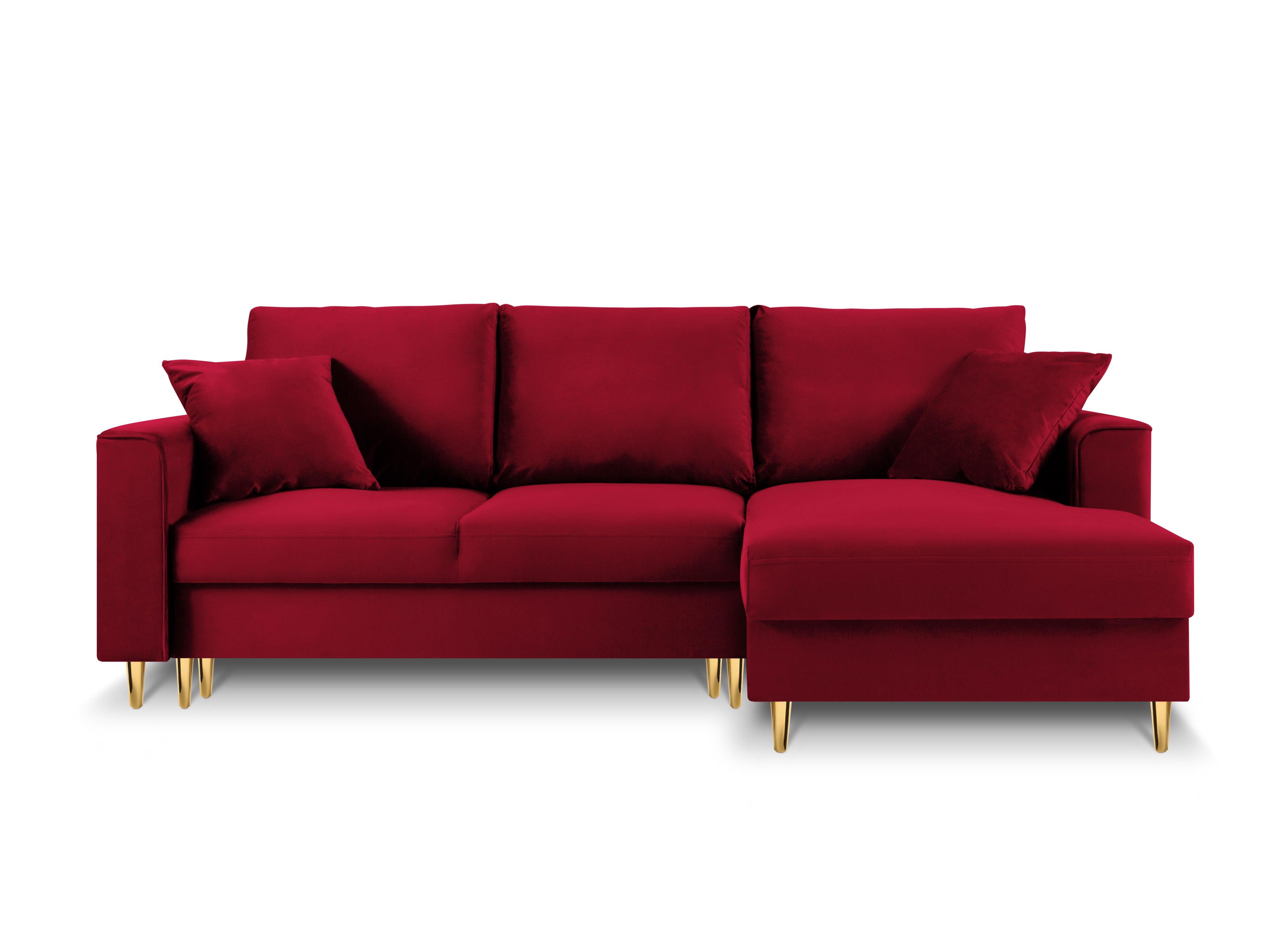 Narożnik prawostronny aksamitny z funkcją spania CARTADERA czerwony ze złotą podstawą Mazzini Sofas Eye on Design