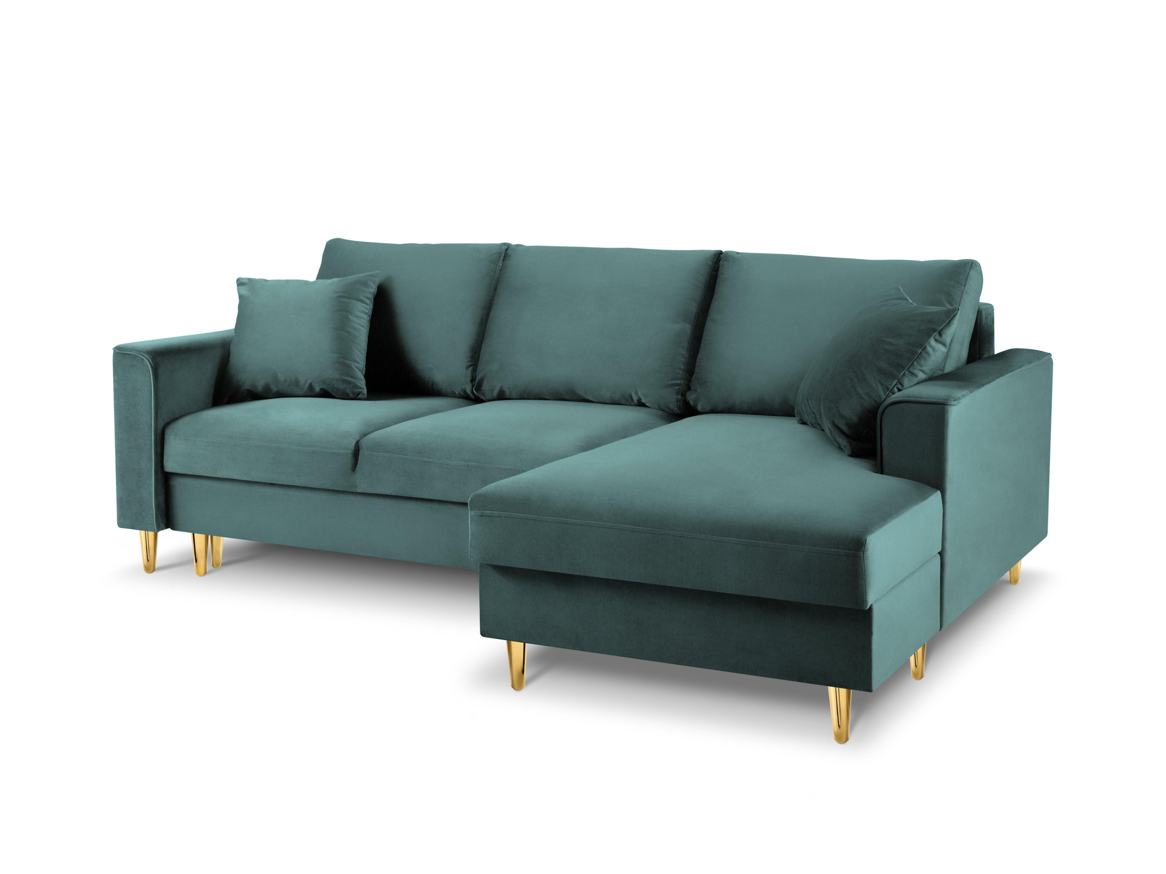 Narożnik prawostronny aksamitny z funkcją spania CARTADERA petrol ze złotą podstawą Mazzini Sofas Eye on Design
