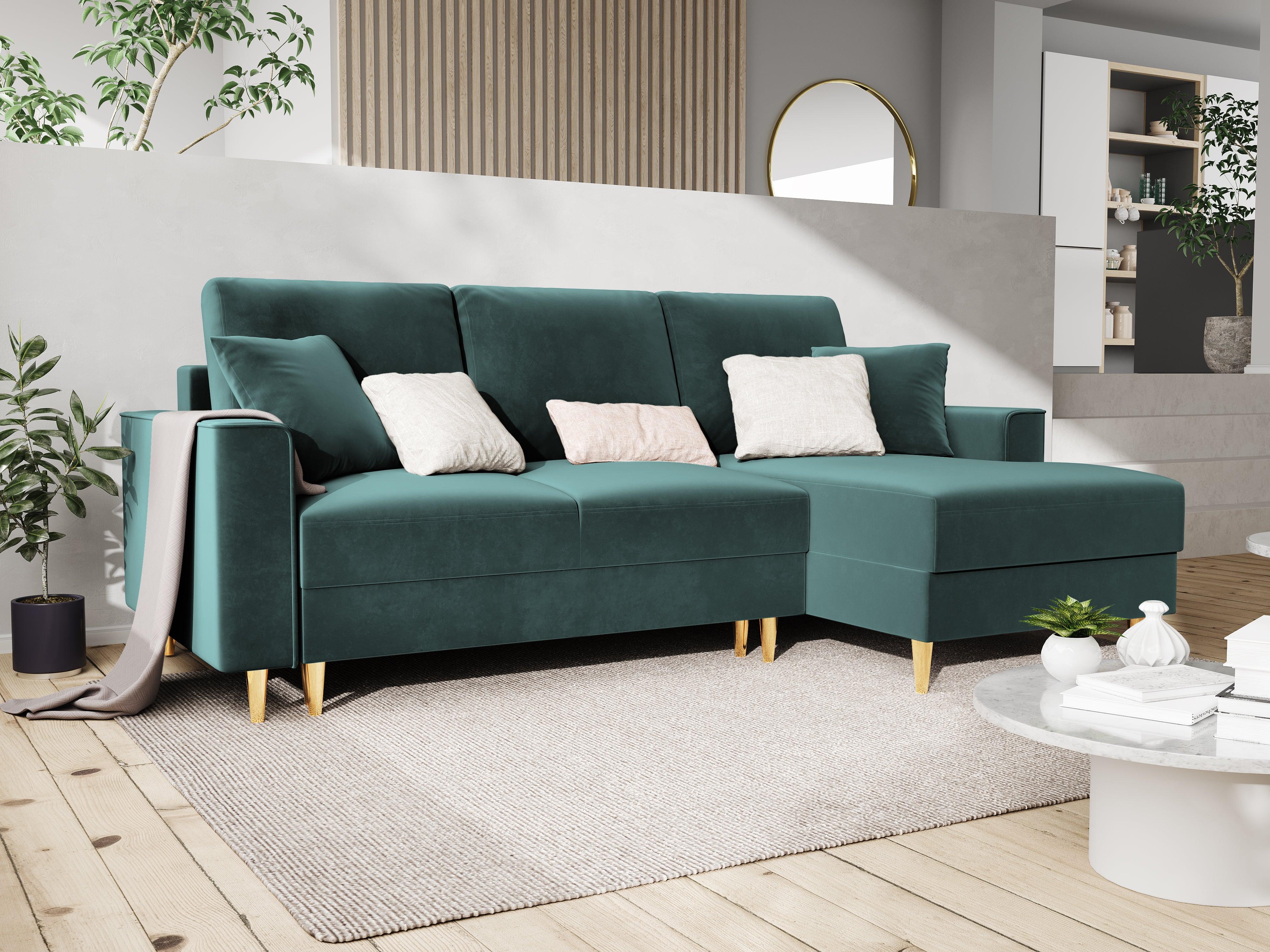 Narożnik prawostronny aksamitny z funkcją spania CARTADERA petrol ze złotą podstawą Mazzini Sofas Eye on Design