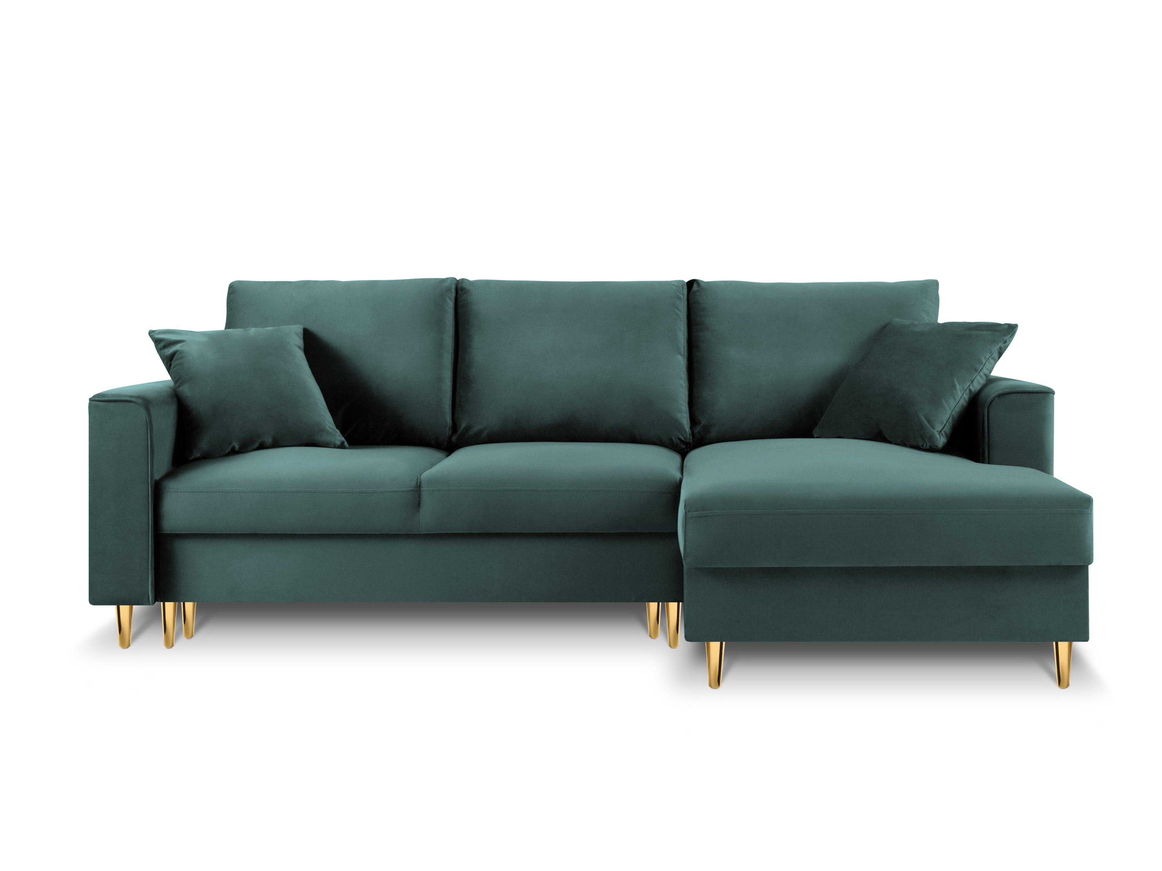 Narożnik prawostronny aksamitny z funkcją spania CARTADERA petrol ze złotą podstawą Mazzini Sofas Eye on Design