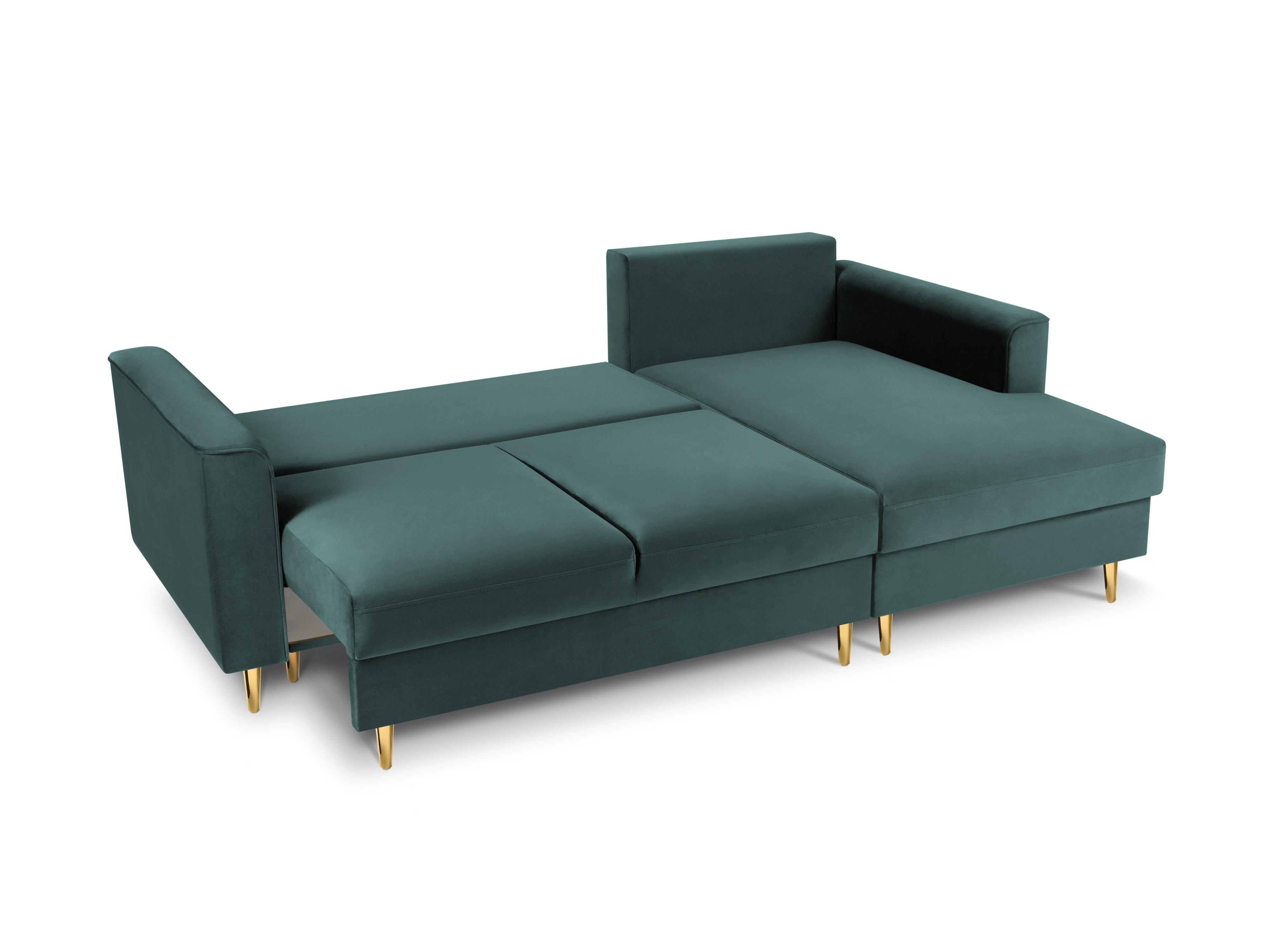 Narożnik prawostronny aksamitny z funkcją spania CARTADERA petrol ze złotą podstawą Mazzini Sofas Eye on Design