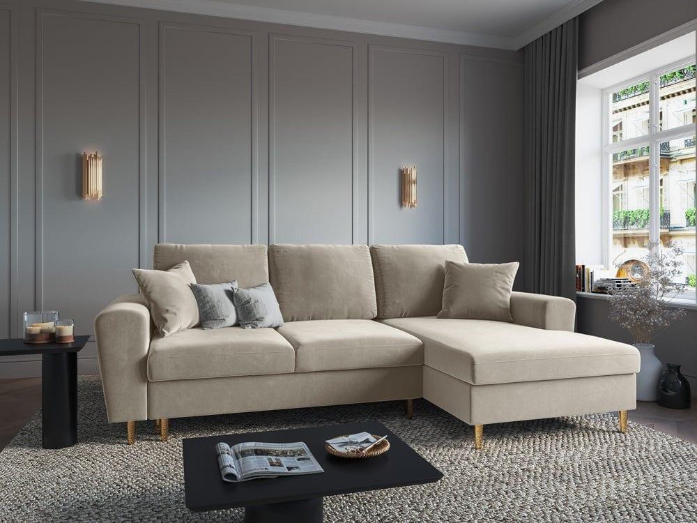 Narożnik prawostronny aksamitny z funkcją spania KYOTO beżowy ze złotą podstawą Cosmopolitan Design Eye on Design