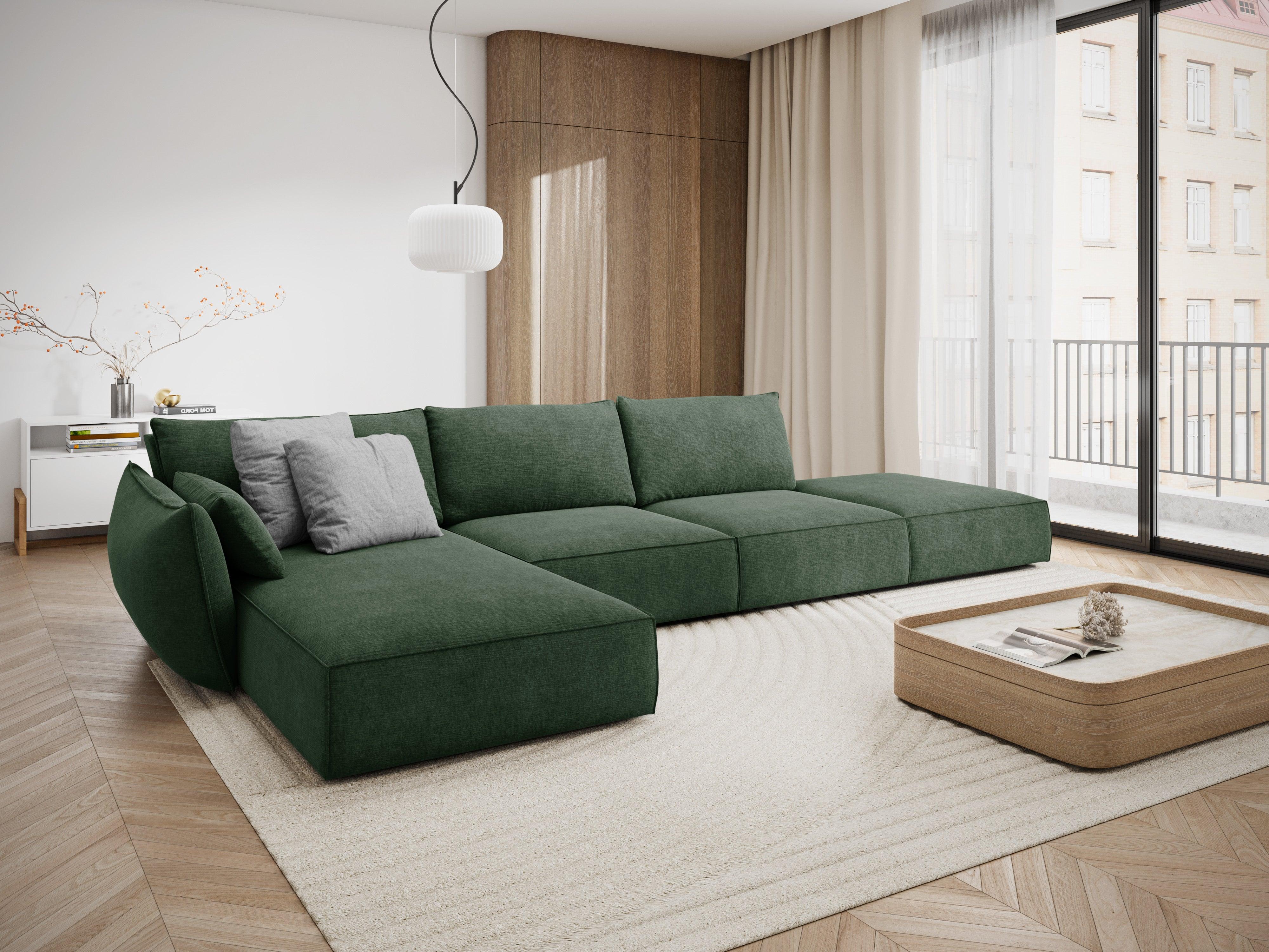 Narożnik w tkaninie szenilowej lewostronny otwarty VANDA butelkowa zieleń Mazzini Sofas Eye on Design