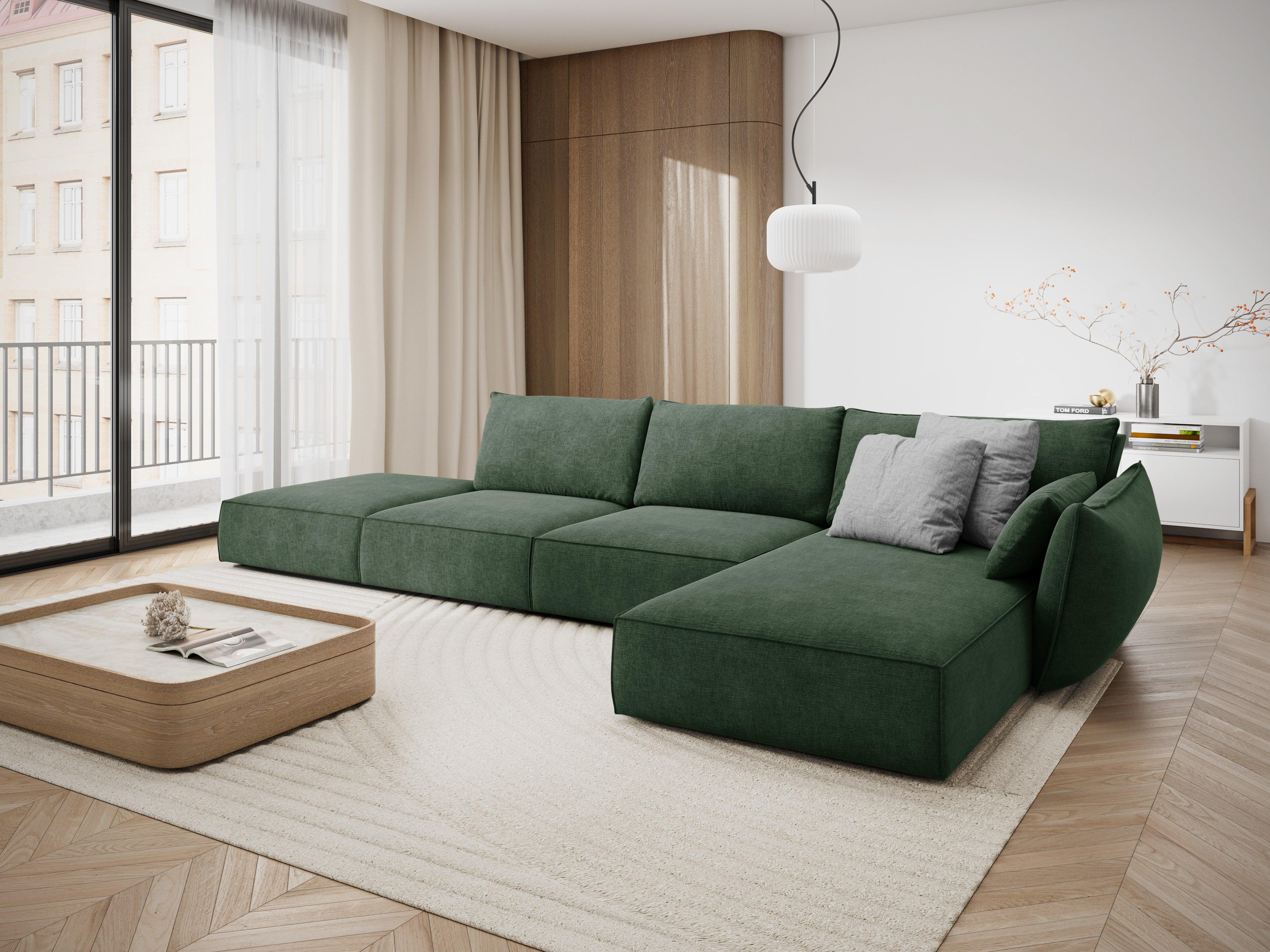 Narożnik w tkaninie szenilowej prawostronny otwarty VANDA butelkowa zieleń Mazzini Sofas Eye on Design