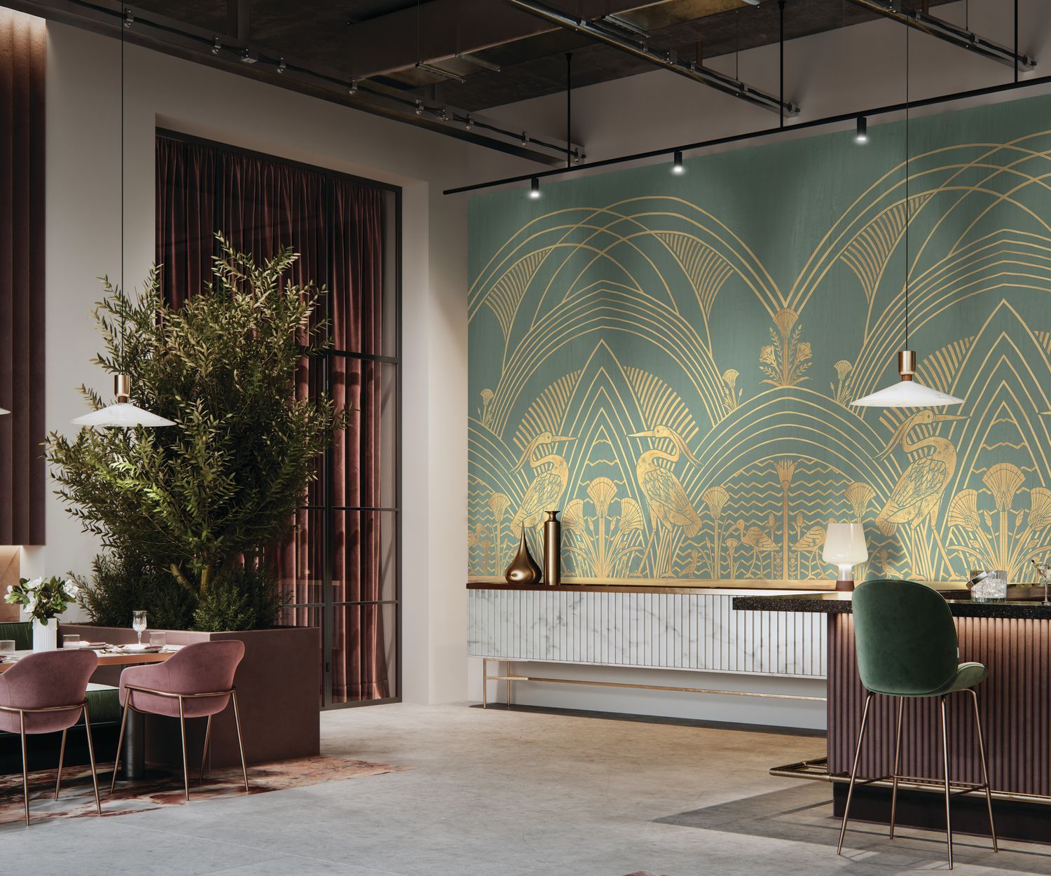 ELEPHANTINE green with gold mural