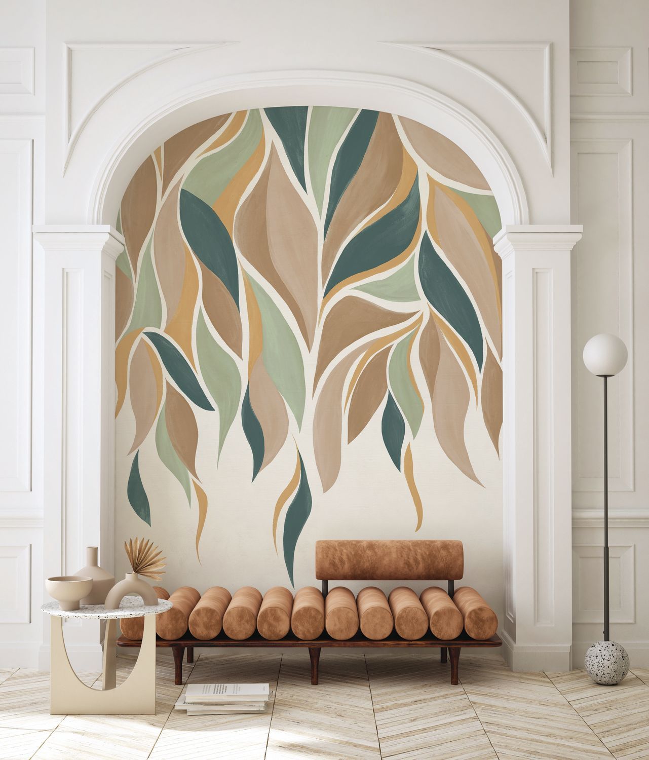 Brown GRACILIS Leaf Plant Motif Mural with Green