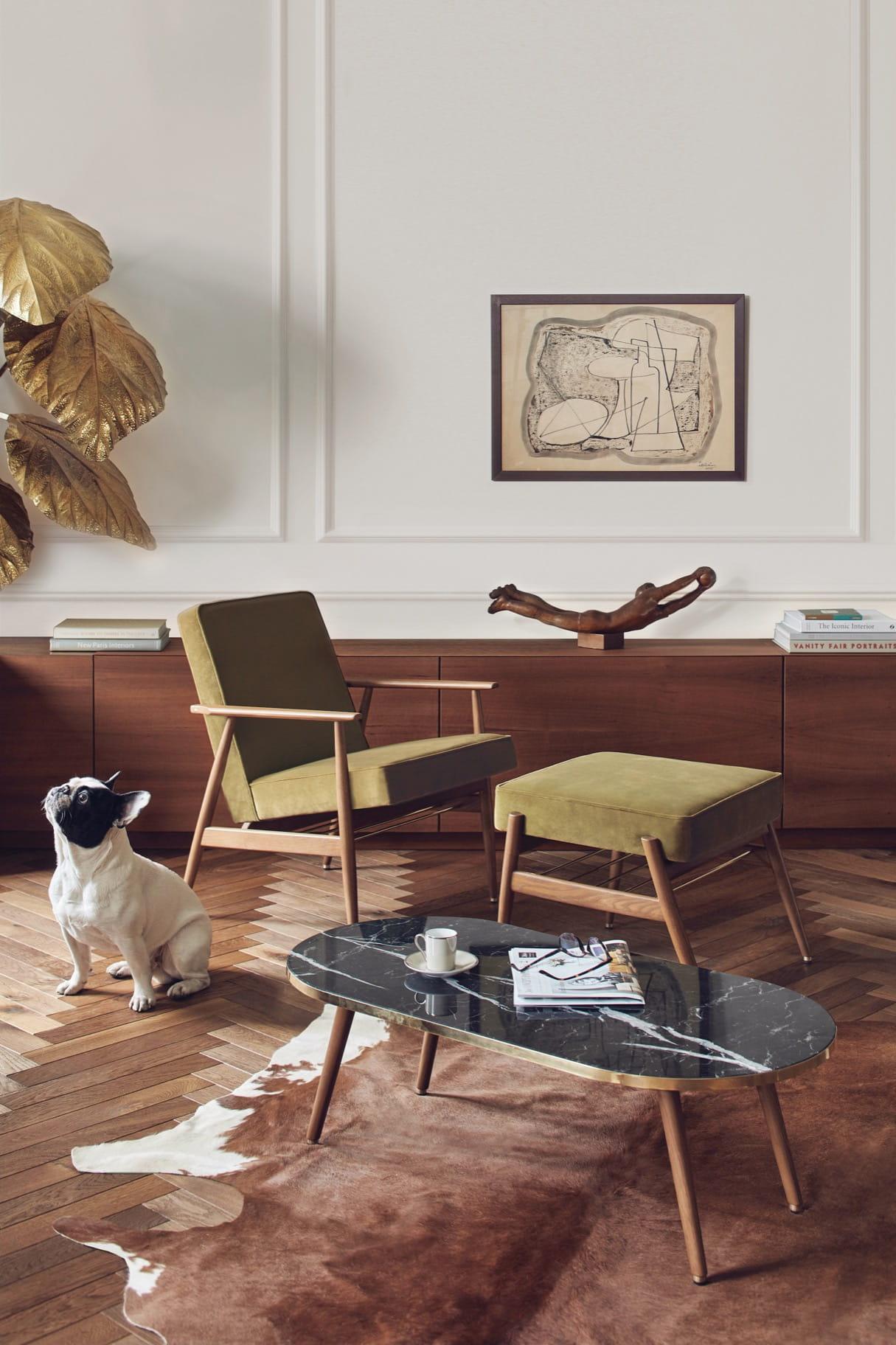 Podnóżek FOX żółty w tkaninie Marble Mustard 366 concept Eye on Design