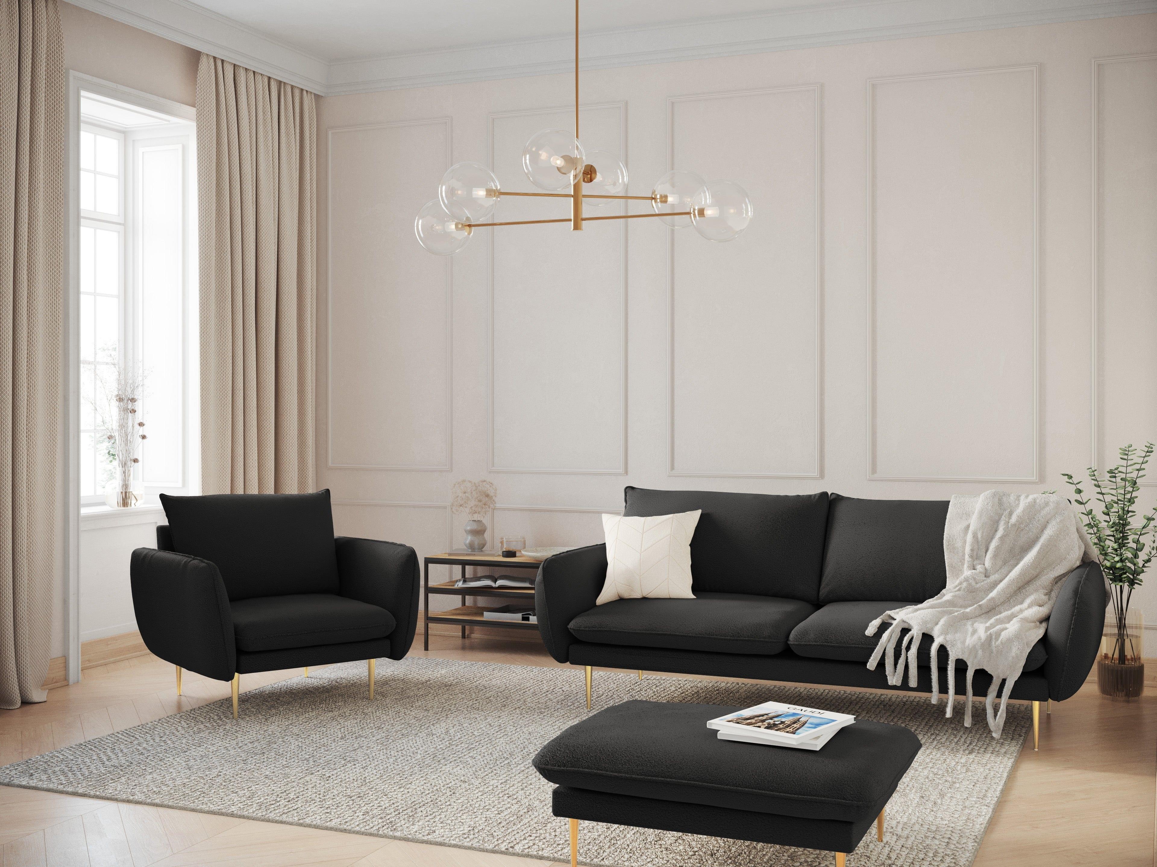 Puf w tkaninie boucle VIENNA czarny ze złotą podstawą Cosmopolitan Design Eye on Design
