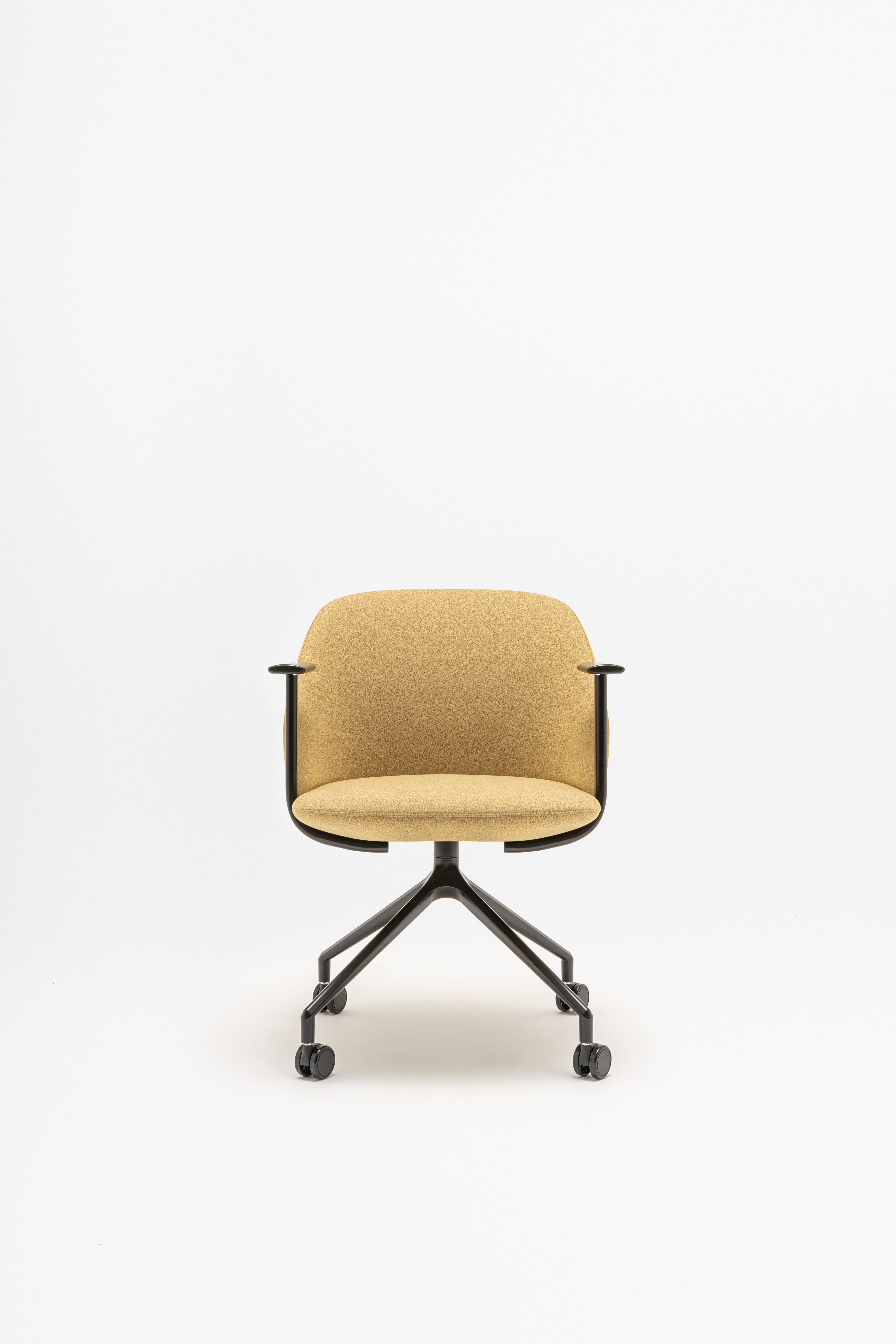 Swivel armchair with low back, a metal parallel base with wheels to a hard surface