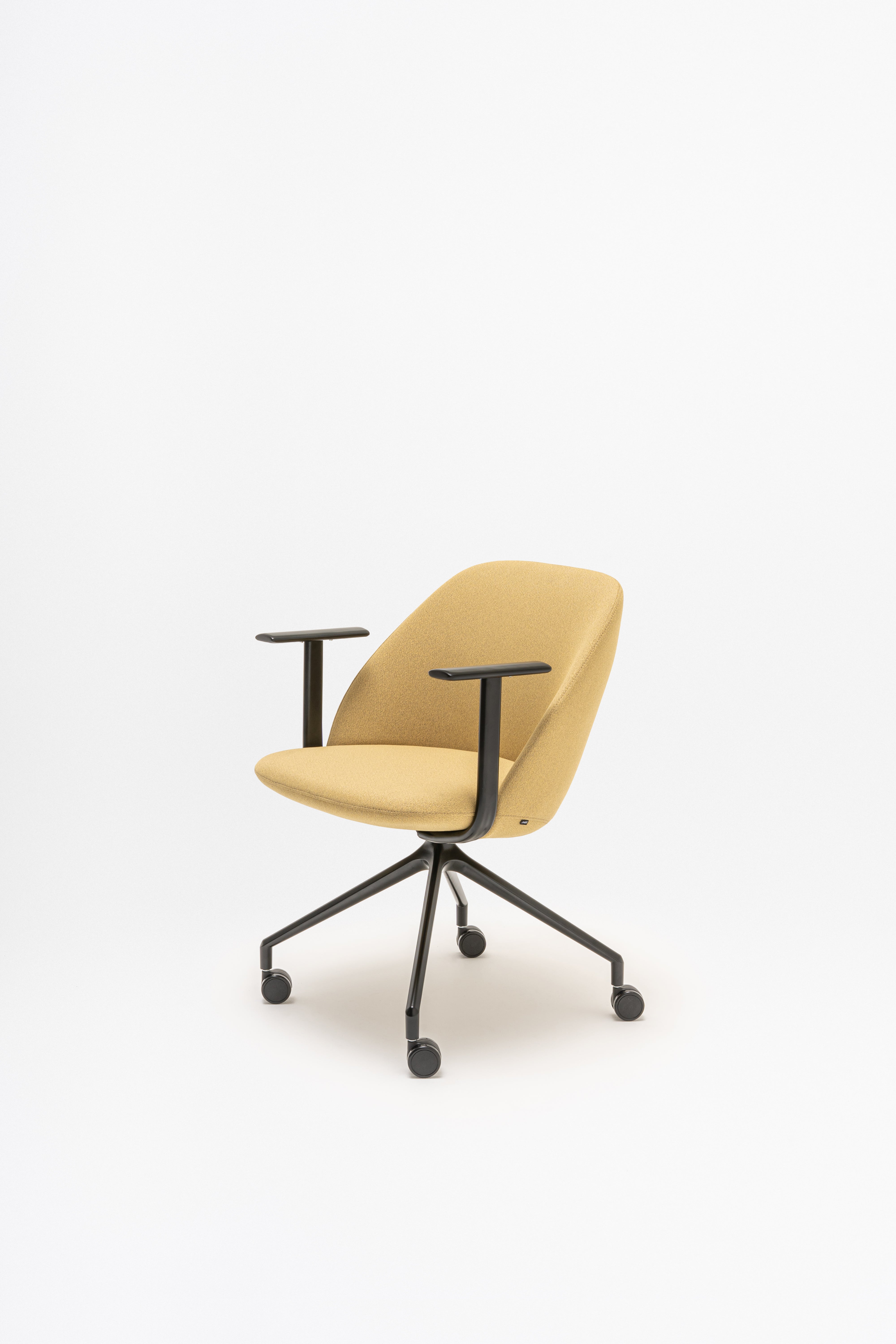 Swivel armchair with low back, a metal parallel base with wheels to a hard surface