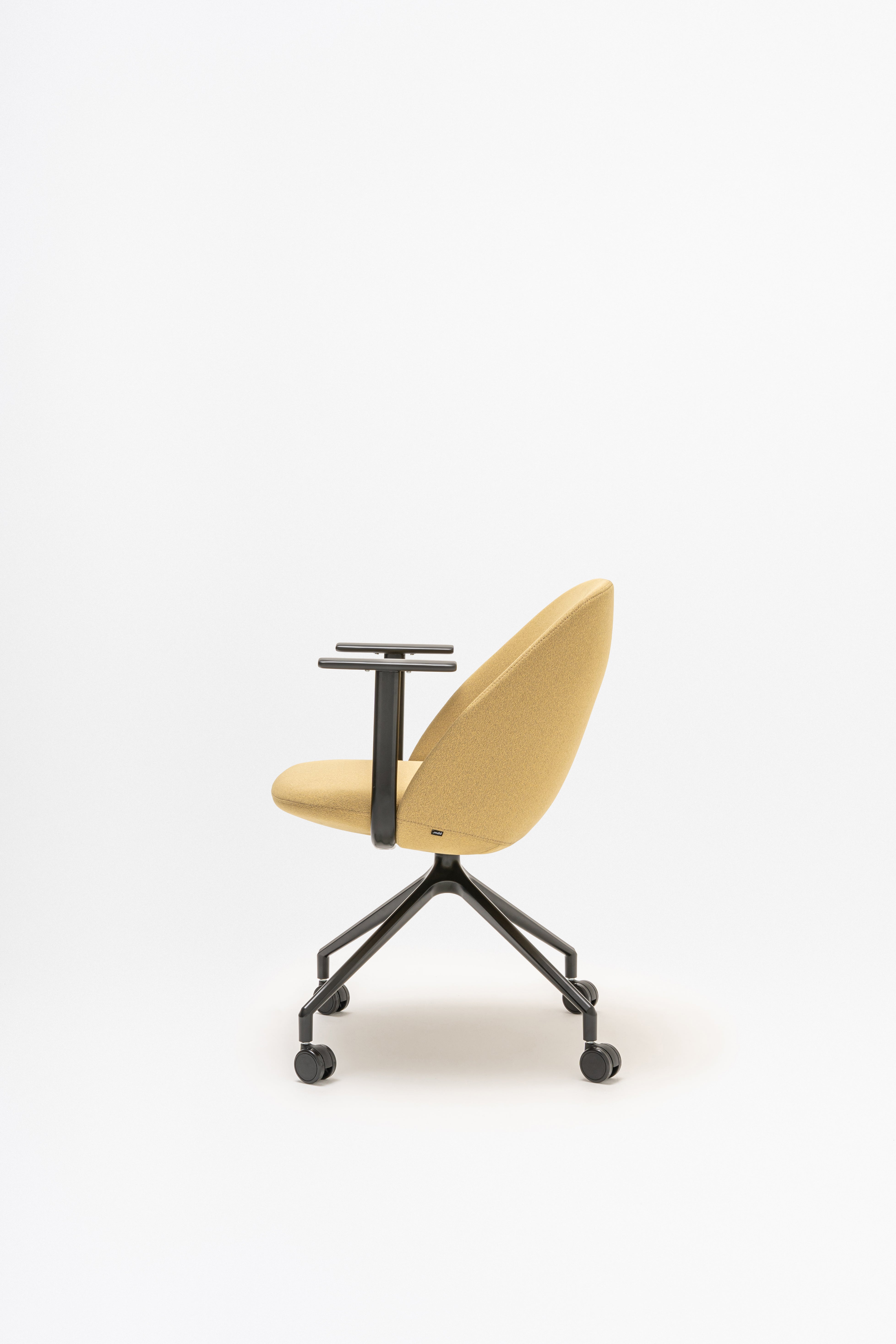 Swivel armchair with low back, a metal parallel base with wheels to a hard surface