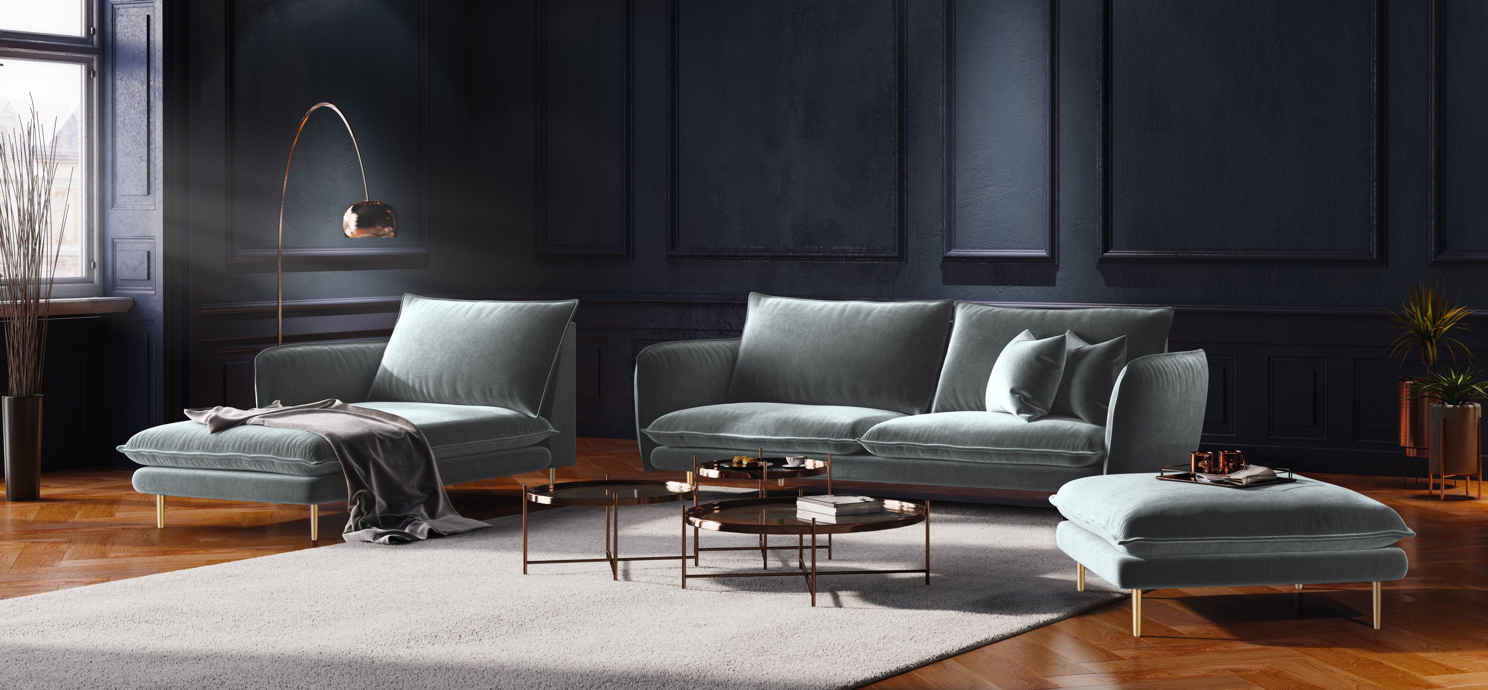 Sofa aksamitna 2-osobowa VIENNA jasnoszary ze złotą podstawą Cosmopolitan Design Eye on Design