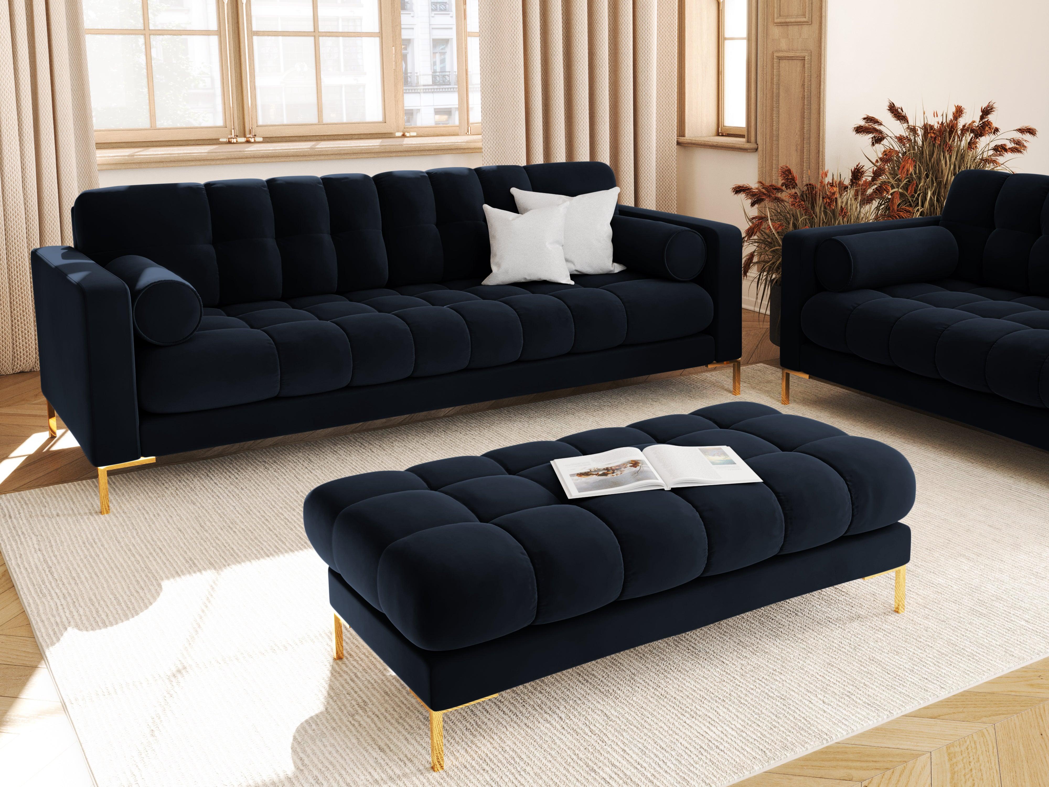 Sofa aksamitna 3-osobowa BALI ciemnoniebieski ze złotą podstawą Cosmopolitan Design Eye on Design