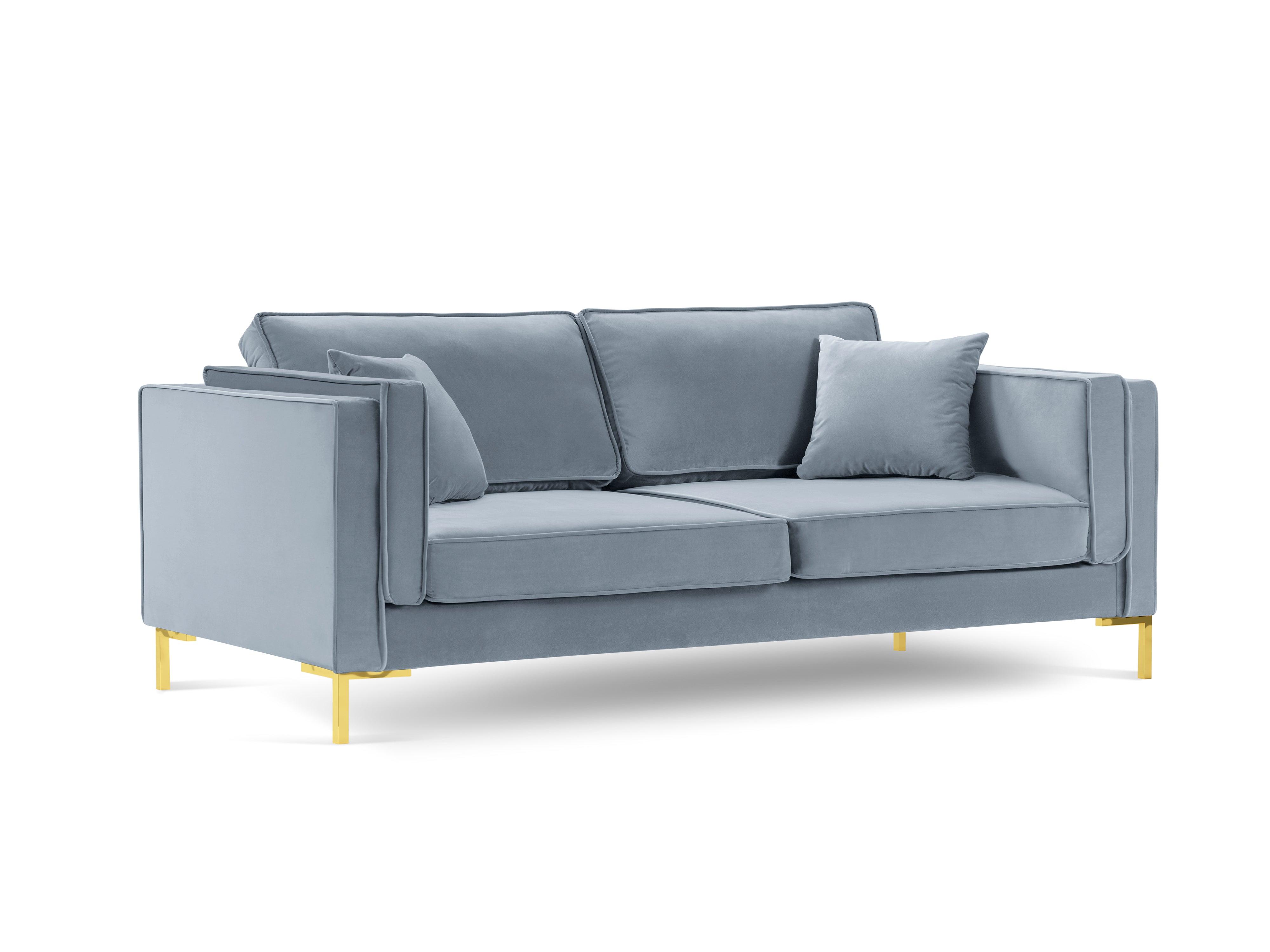 Sofa aksamitna 3-osobowa LUIS jasnoniebieski ze złotą podstawą Milo Casa Eye on Design