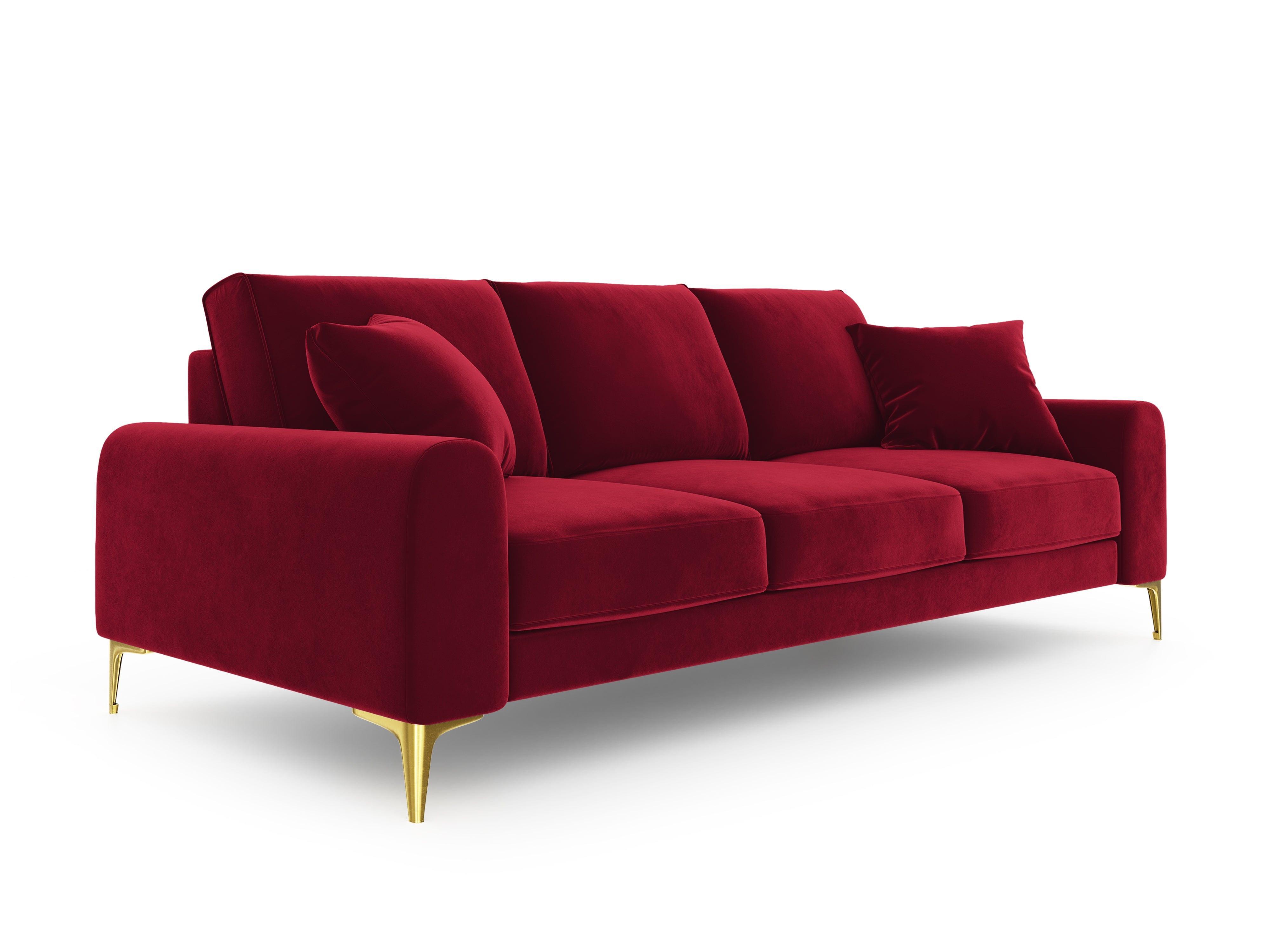 Sofa aksamitna 3-osobowa MADARA czerwony ze złotą podstawą Mazzini Sofas Eye on Design