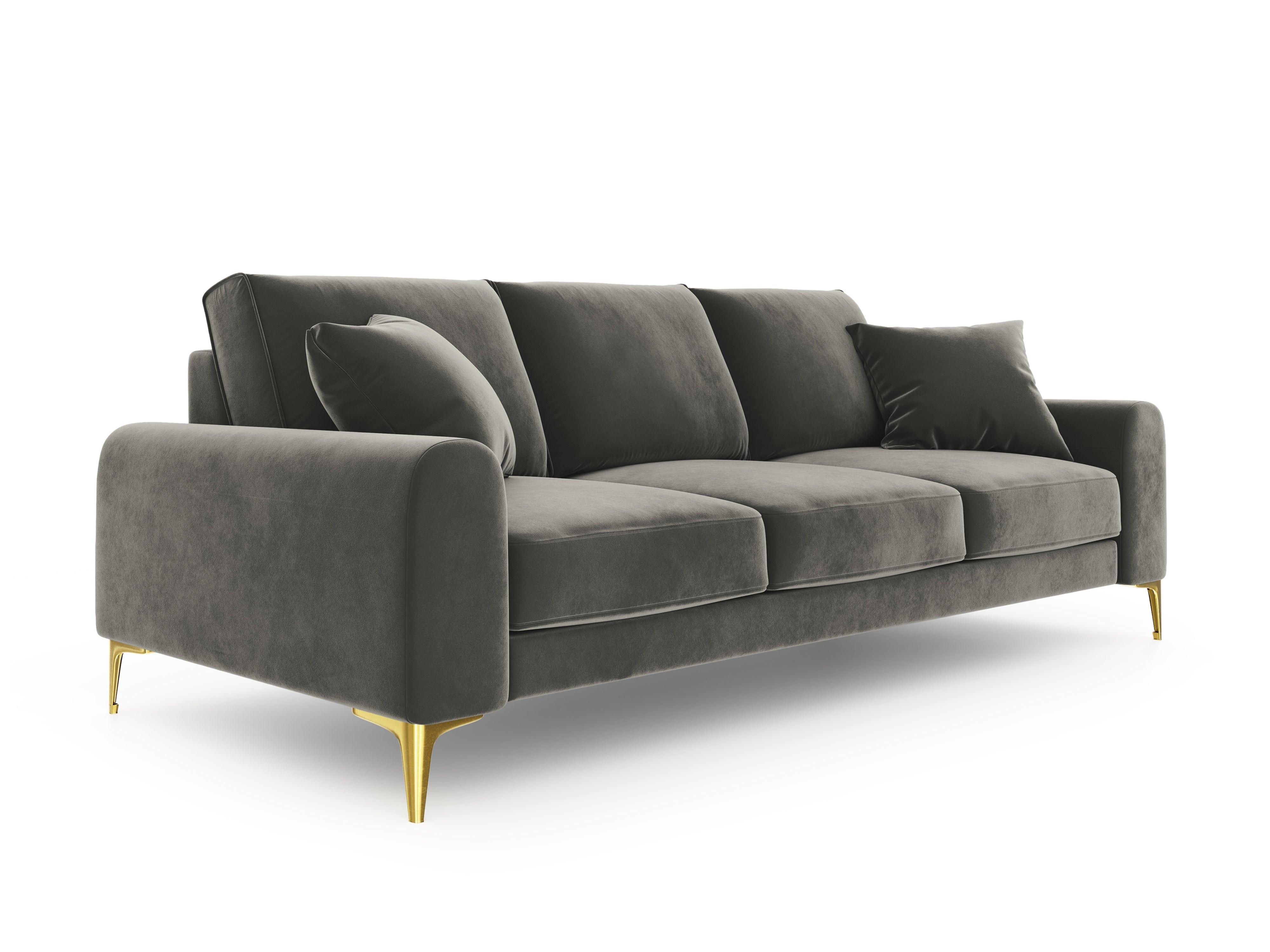 Sofa aksamitna 3-osobowa MADARA szary ze złotą podstawą Mazzini Sofas Eye on Design