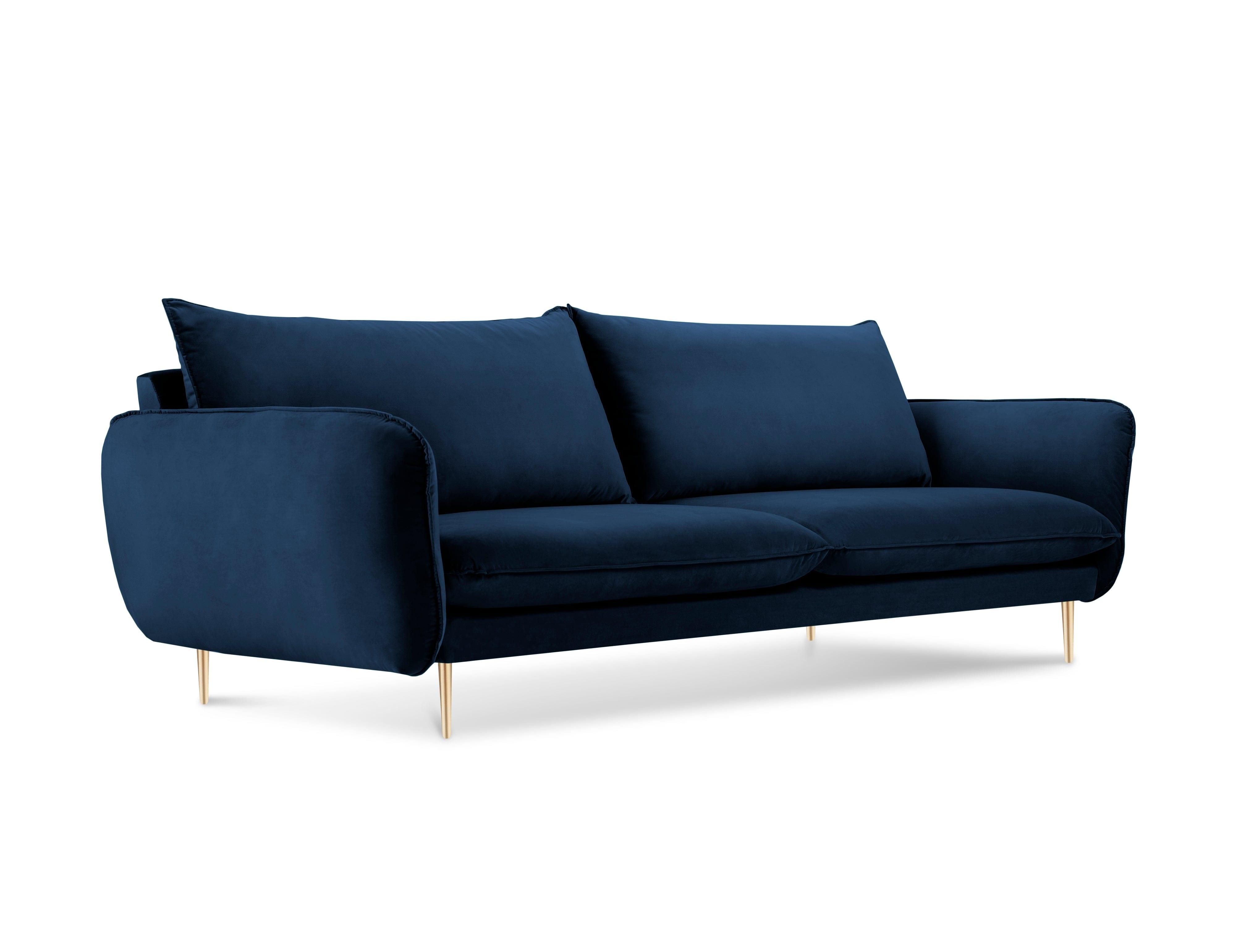 Sofa aksamitna 3-osobowa VIENNA niebieski ze złotą podstawą Cosmopolitan Design Eye on Design