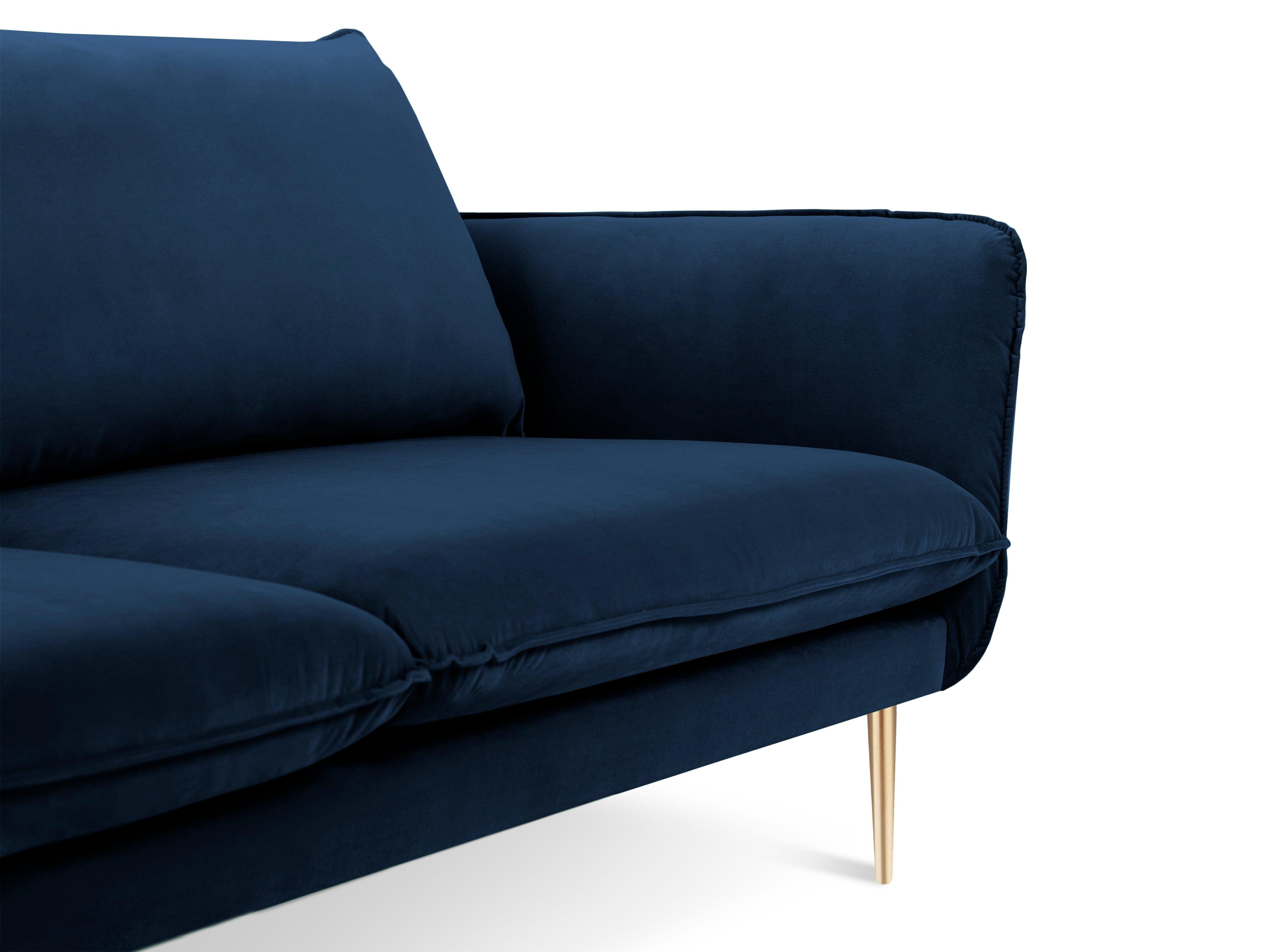 Sofa aksamitna 3-osobowa VIENNA niebieski ze złotą podstawą Cosmopolitan Design Eye on Design