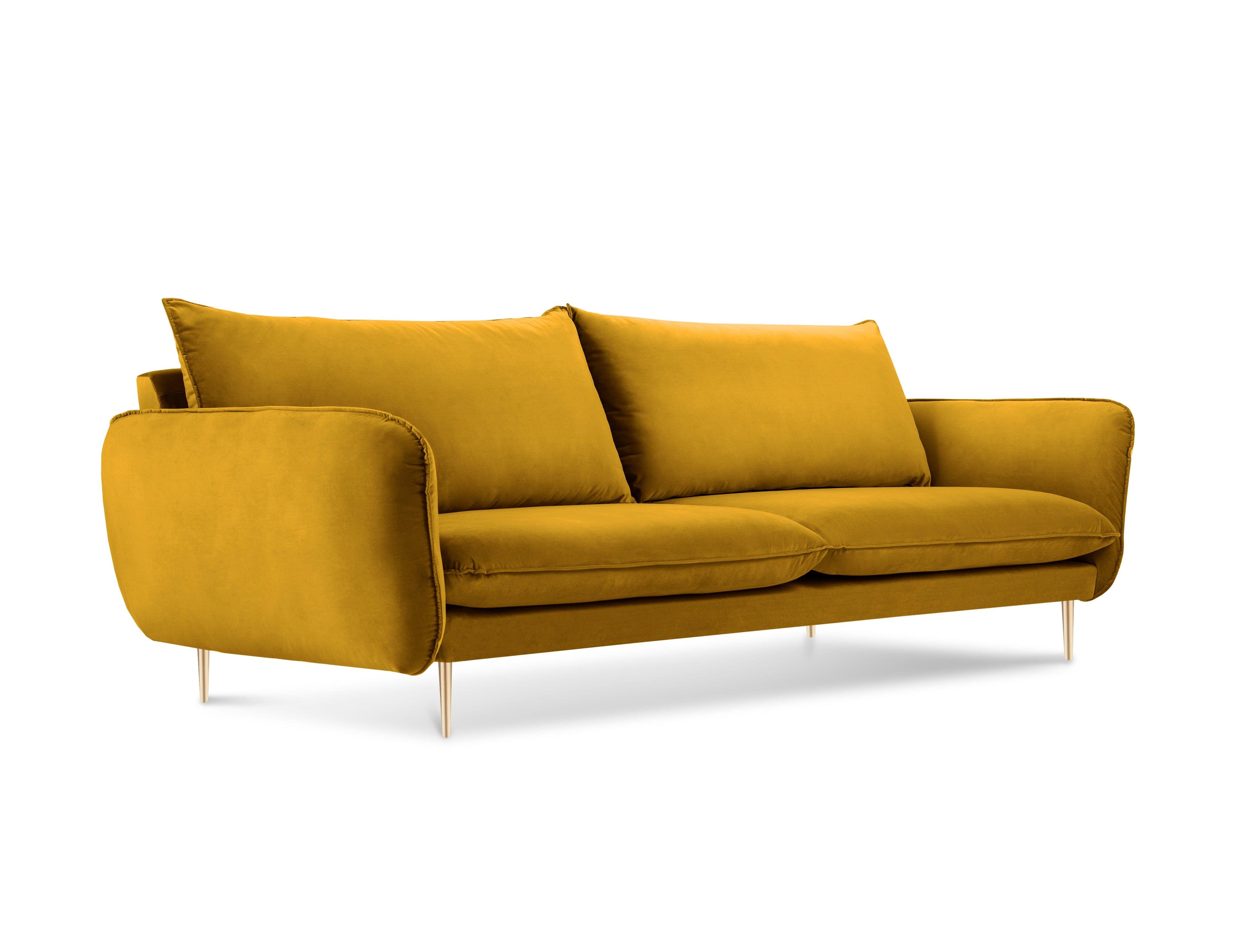 Sofa aksamitna 3-osobowa VIENNA żółty ze złotą podstawą Cosmopolitan Design Eye on Design