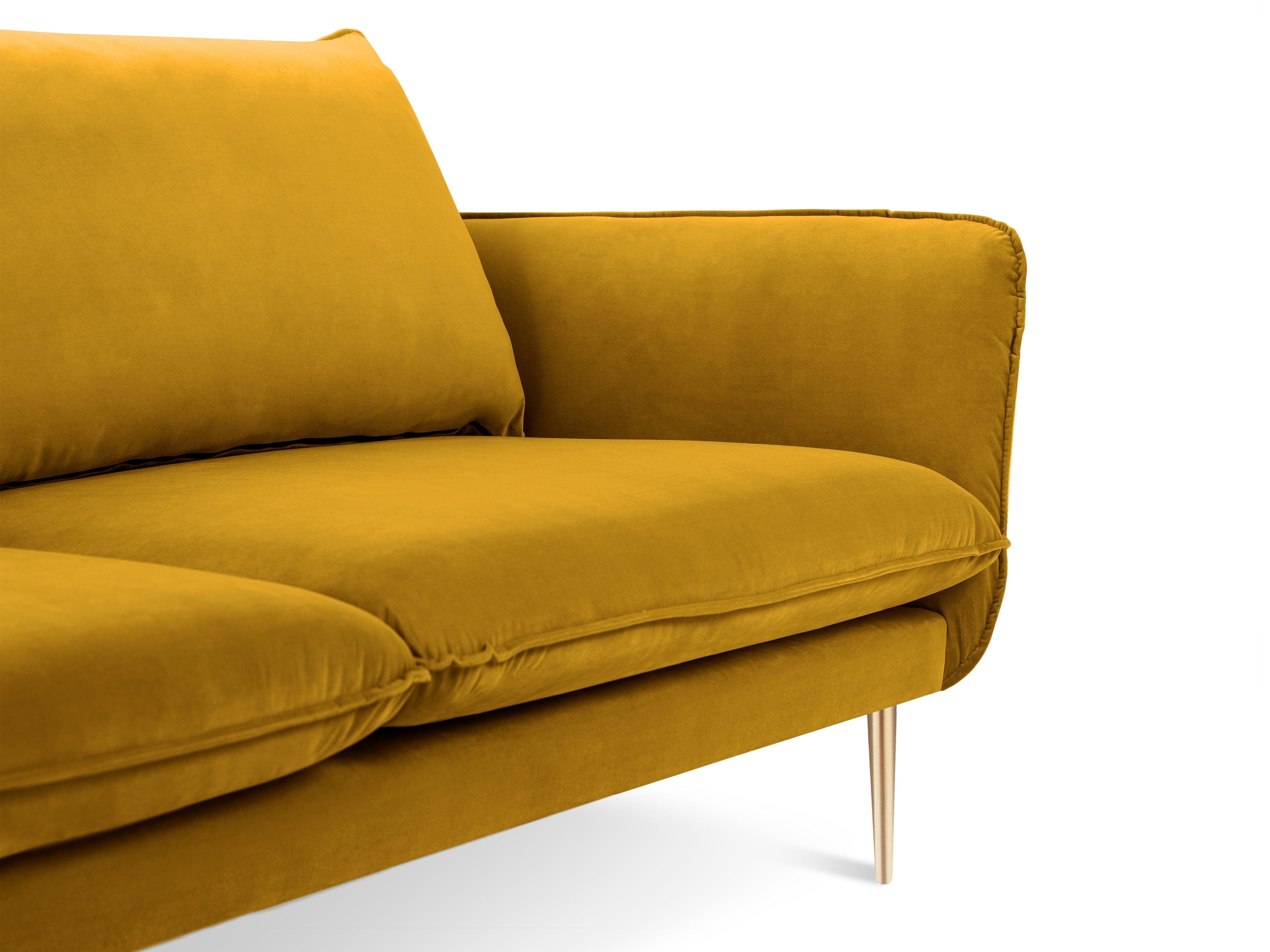 Sofa aksamitna 3-osobowa VIENNA żółty ze złotą podstawą Cosmopolitan Design Eye on Design