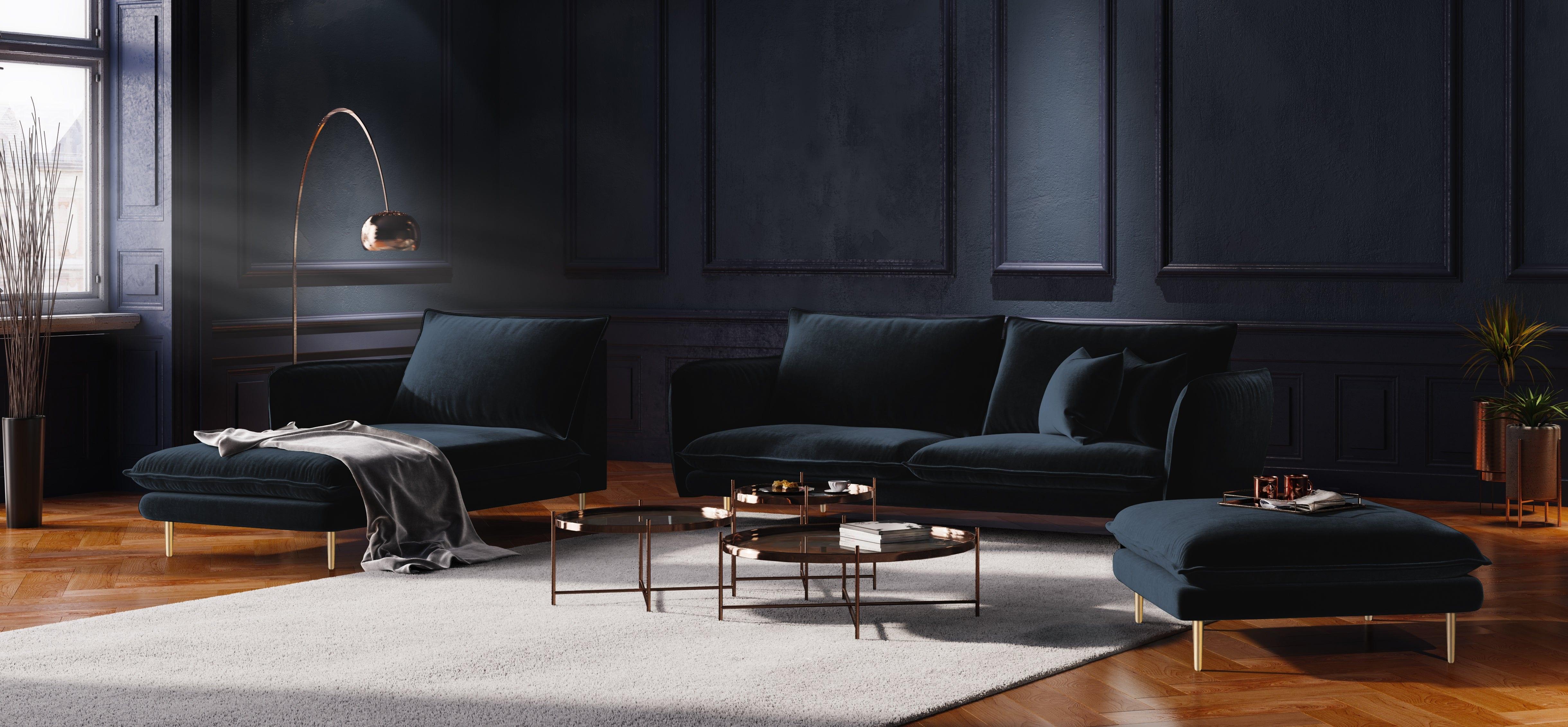 Sofa aksamitna 4-osobowa VIENNA granatowy ze złotą podstawą Cosmopolitan Design Eye on Design