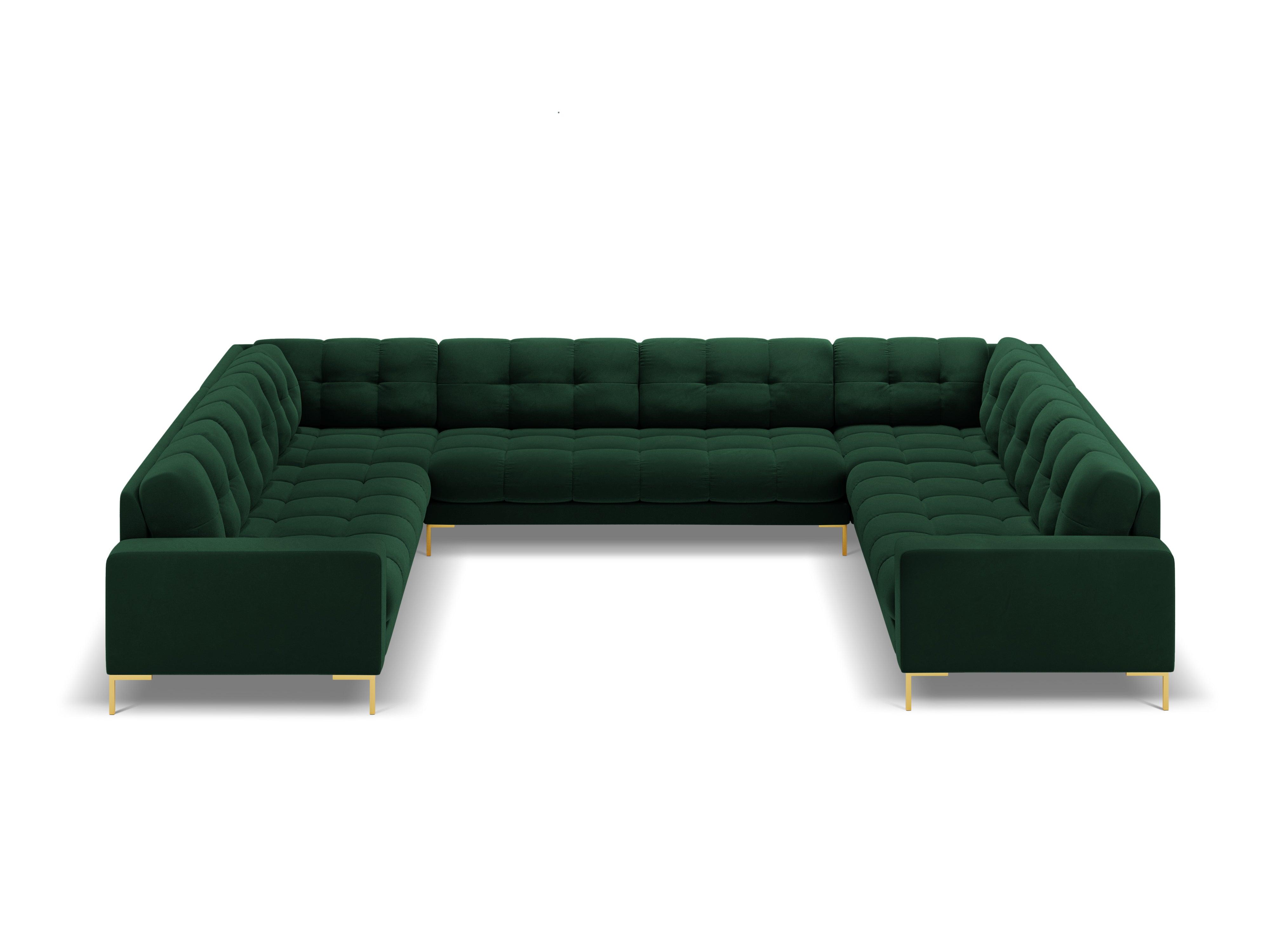 Sofa aksamitna panoramiczna 9-osobowa BALI butelkowa zieleń ze złotą podstawą Cosmopolitan Design Eye on Design