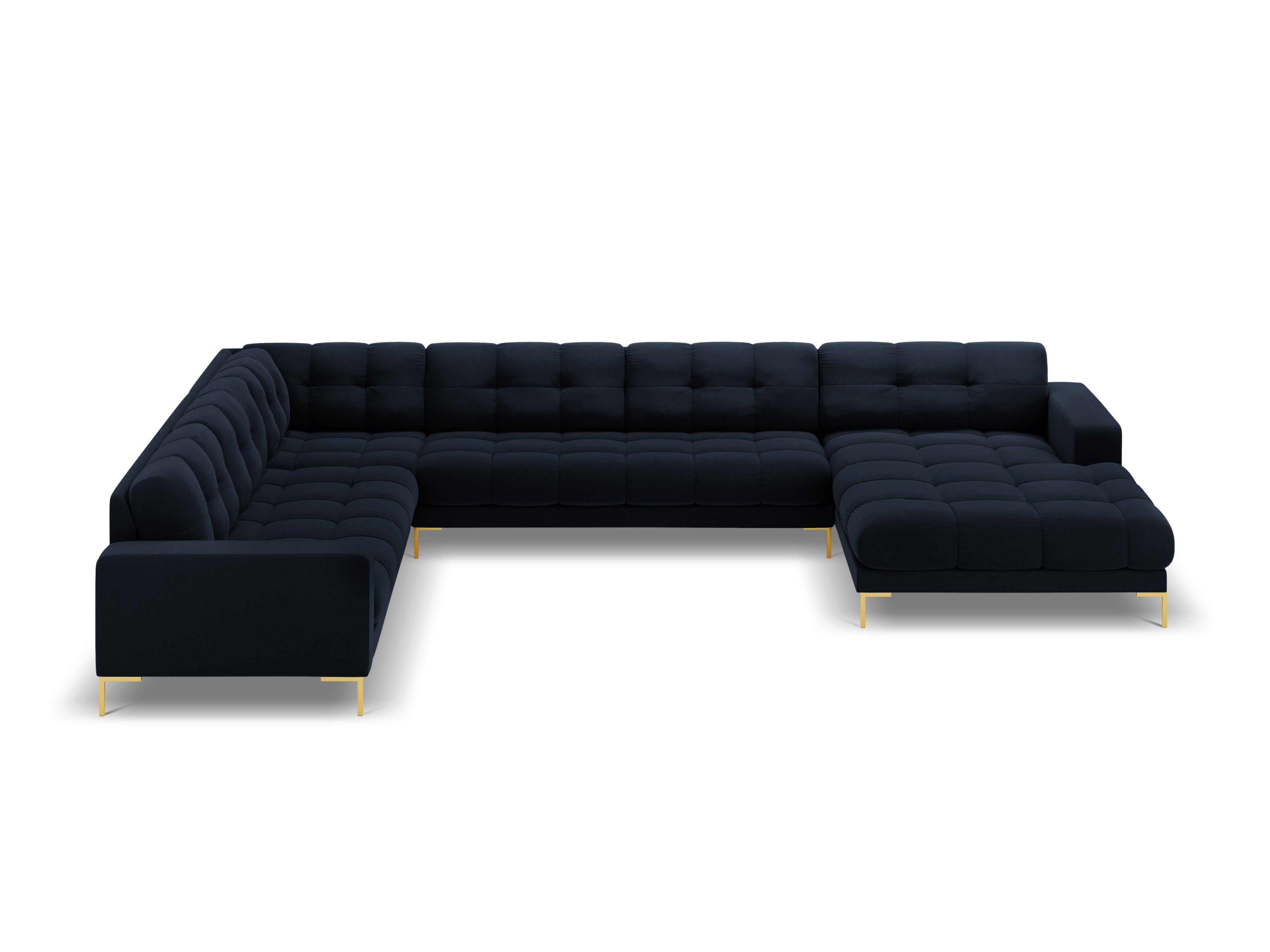 Sofa aksamitna panoramiczna lewostronna 7-osobowa BALI ciemnoniebieski ze złotą podstawą Cosmopolitan Design Eye on Design