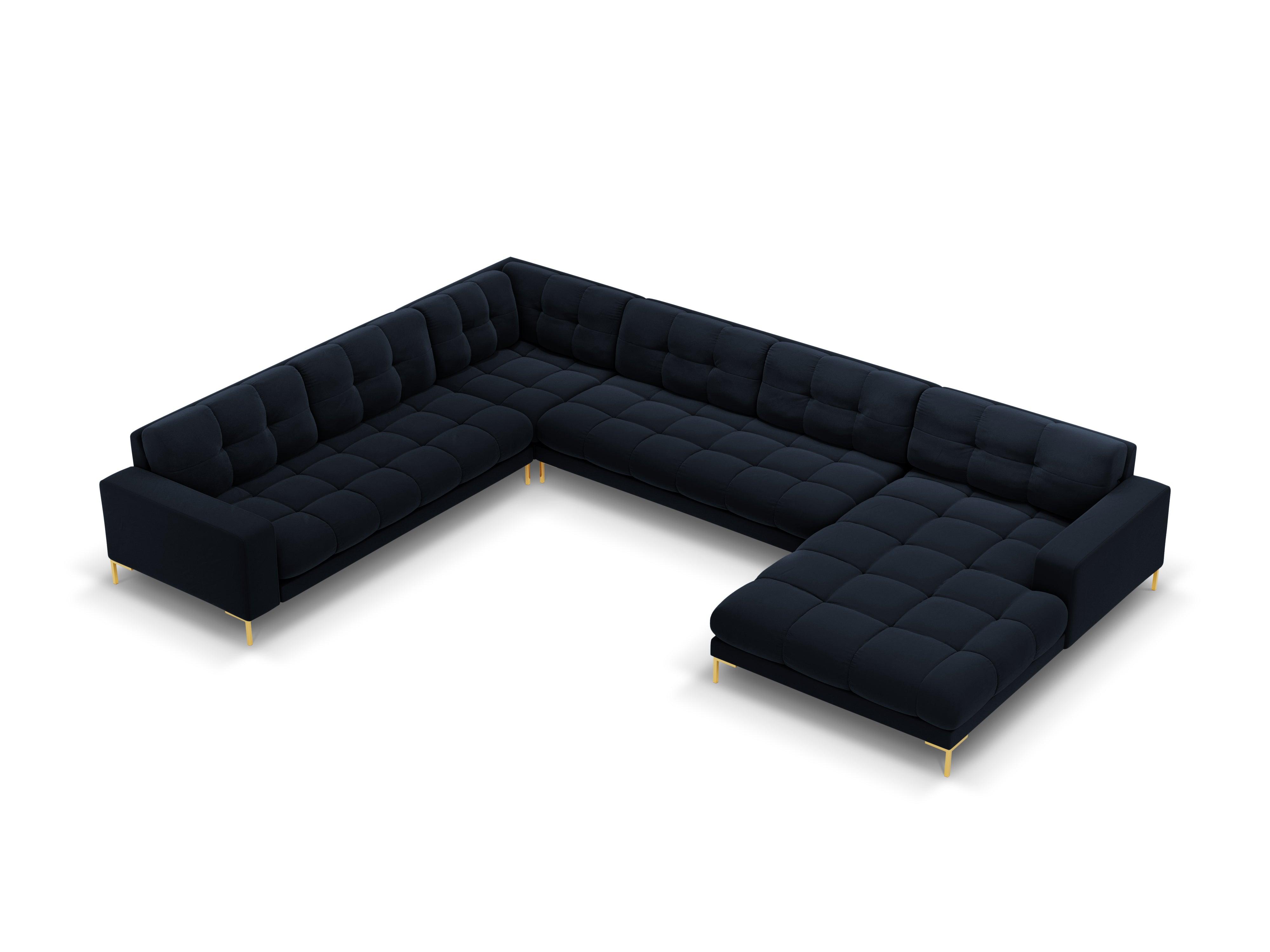 Sofa aksamitna panoramiczna lewostronna 7-osobowa BALI ciemnoniebieski ze złotą podstawą Cosmopolitan Design Eye on Design