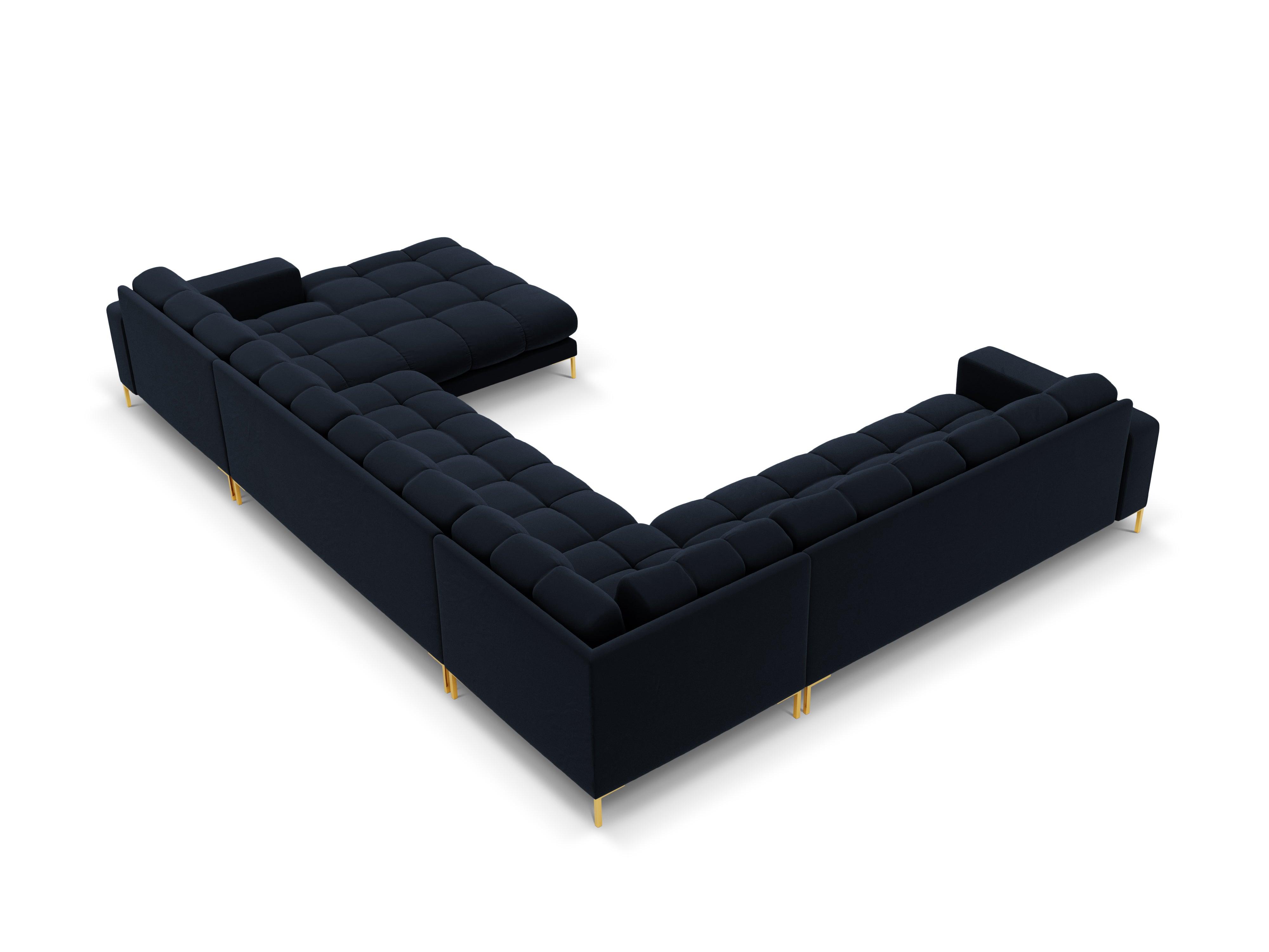 Sofa aksamitna panoramiczna lewostronna 7-osobowa BALI ciemnoniebieski ze złotą podstawą Cosmopolitan Design Eye on Design