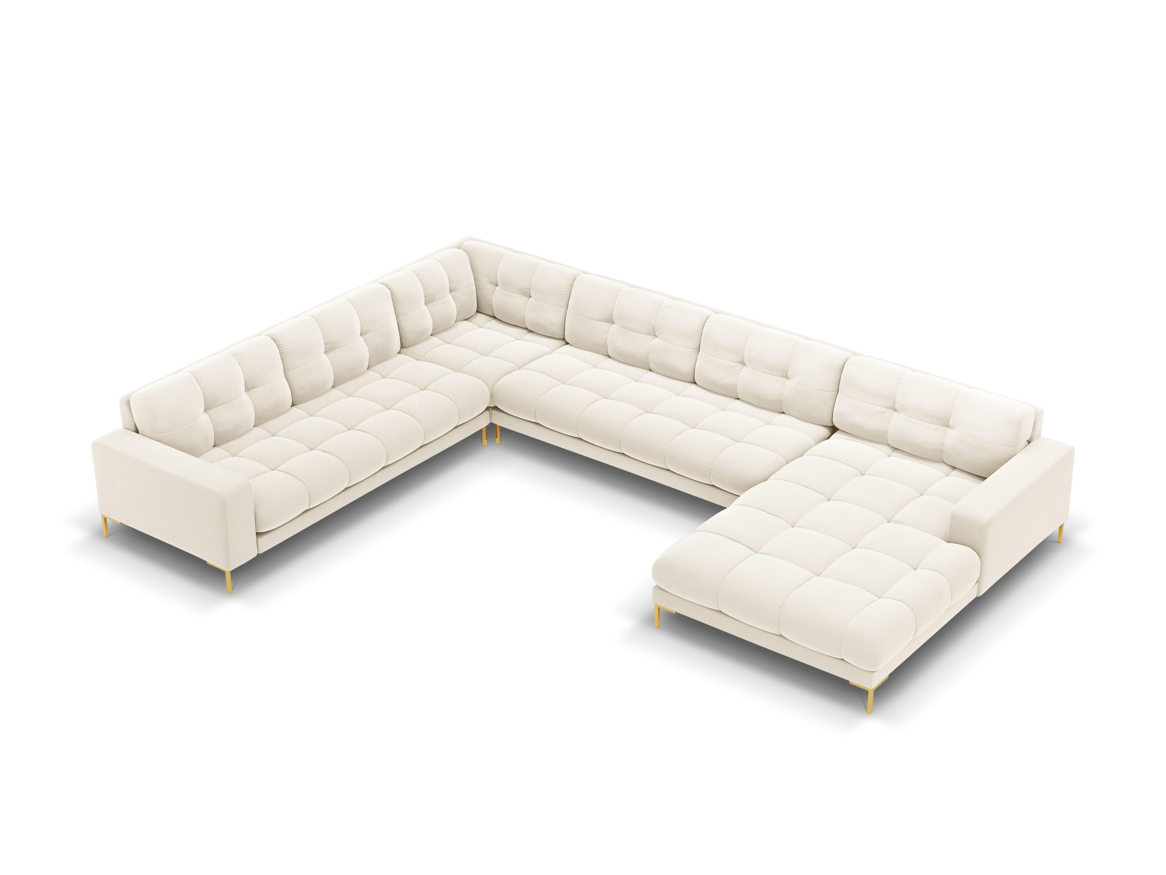 Sofa aksamitna panoramiczna lewostronna 7-osobowa BALI jasnobeżowy ze złotą podstawą Cosmopolitan Design Eye on Design