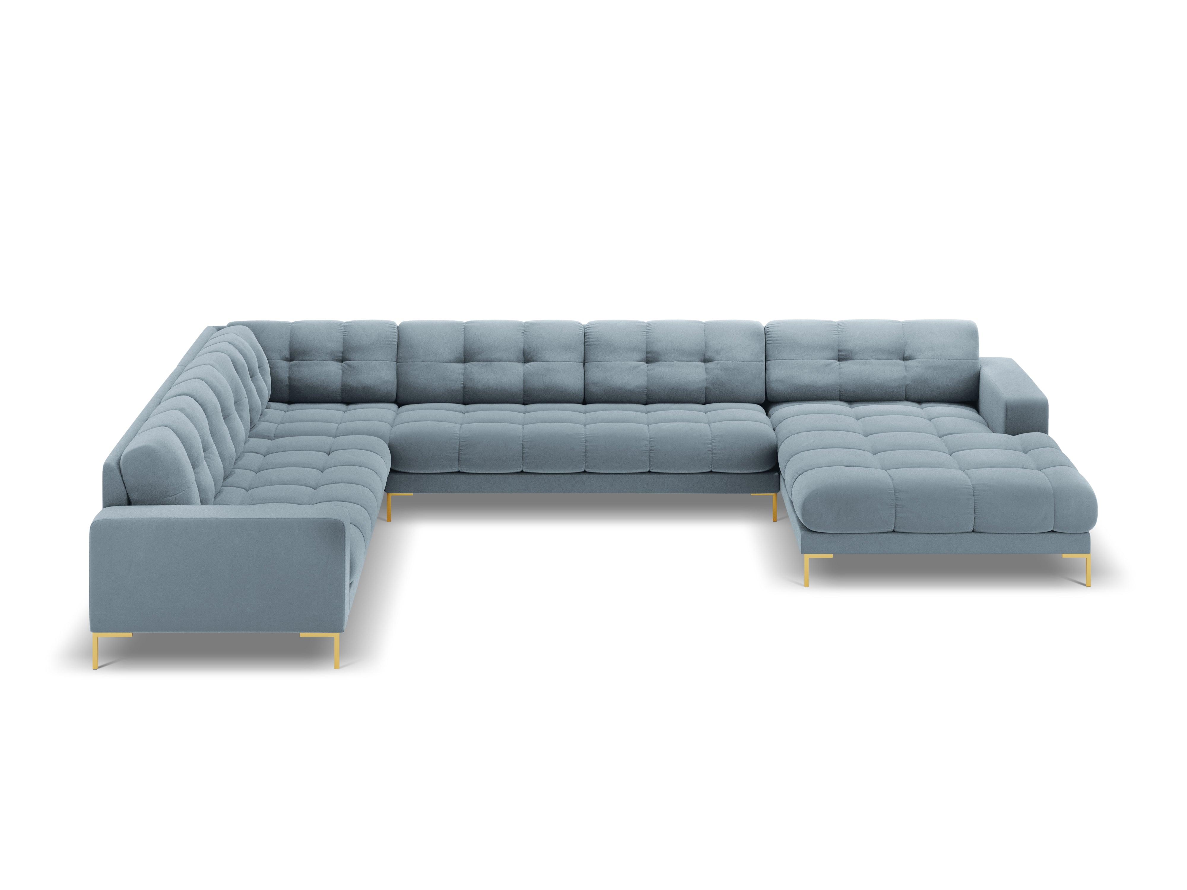 Sofa aksamitna panoramiczna lewostronna 7-osobowa BALI jasnoniebieski ze złotą podstawą Cosmopolitan Design Eye on Design