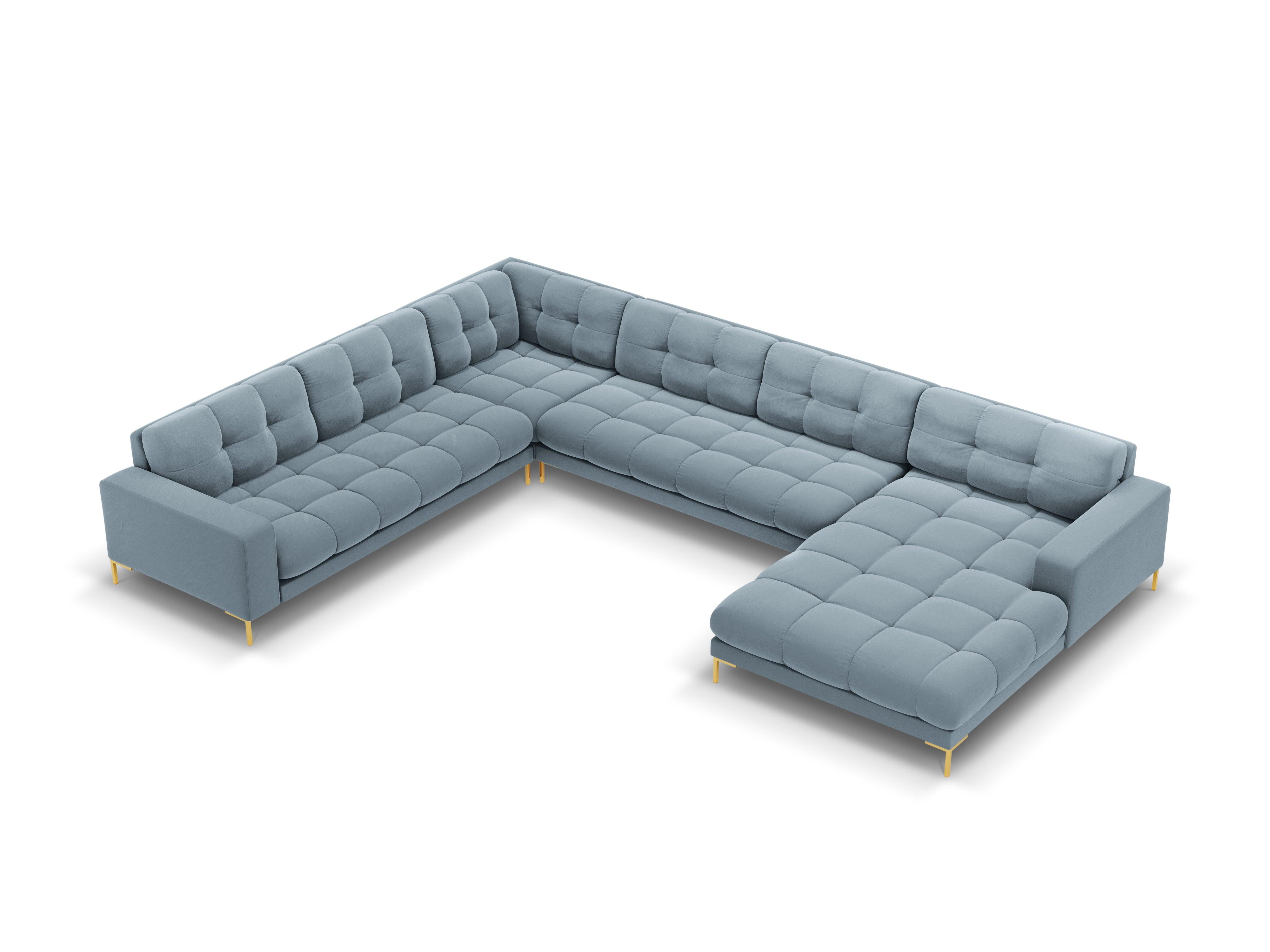 Sofa aksamitna panoramiczna lewostronna 7-osobowa BALI jasnoniebieski ze złotą podstawą Cosmopolitan Design Eye on Design