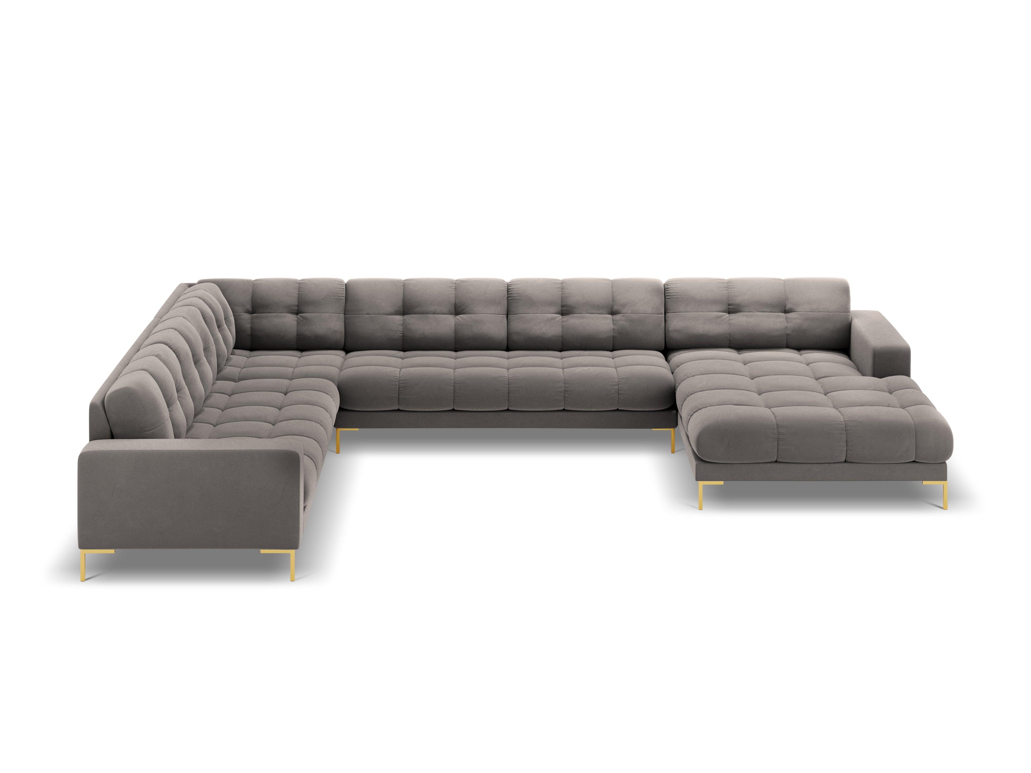 Sofa aksamitna panoramiczna lewostronna 7-osobowa BALI jasnoszary ze złotą podstawą Cosmopolitan Design Eye on Design
