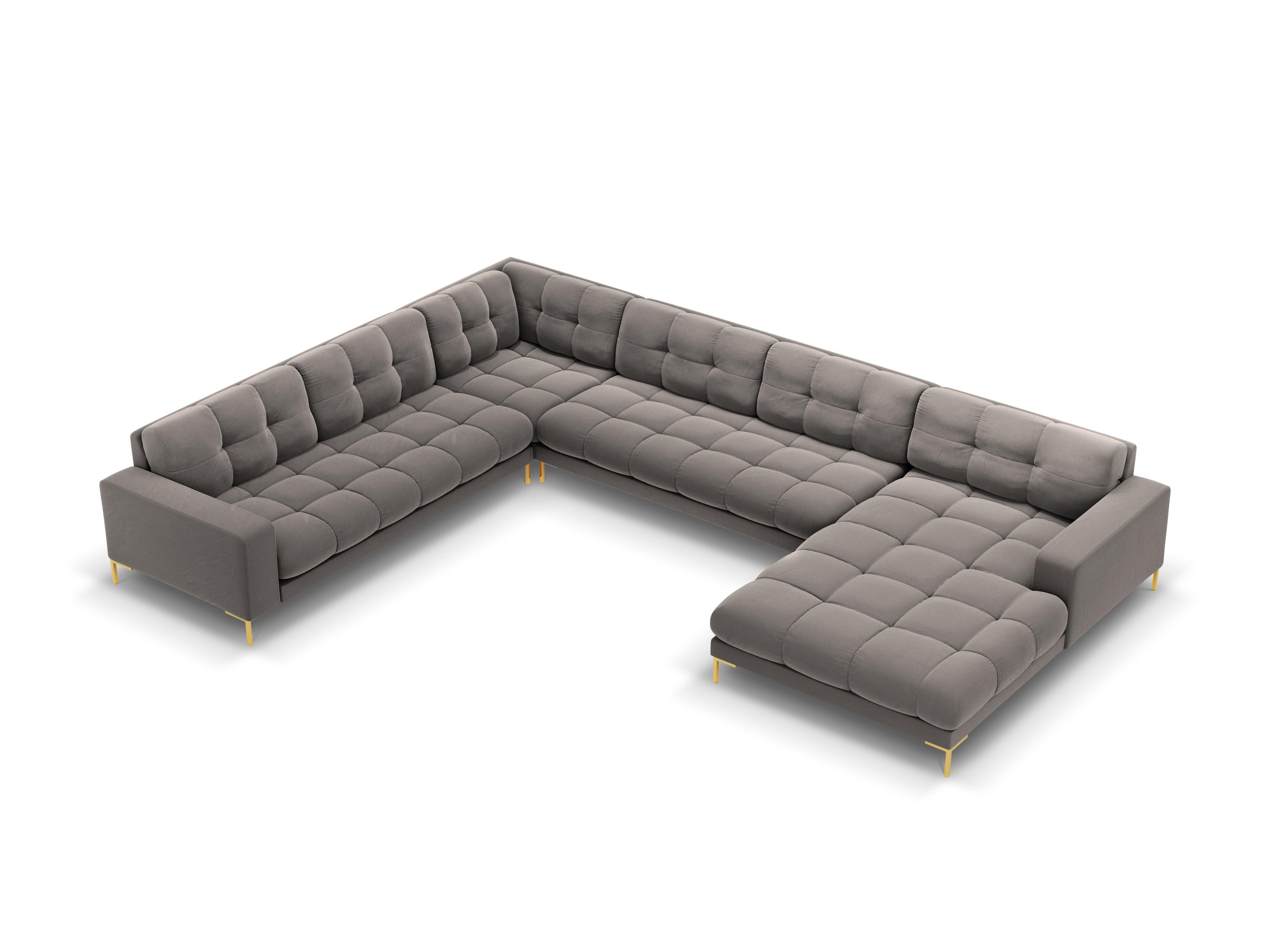 Sofa aksamitna panoramiczna lewostronna 7-osobowa BALI jasnoszary ze złotą podstawą Cosmopolitan Design Eye on Design